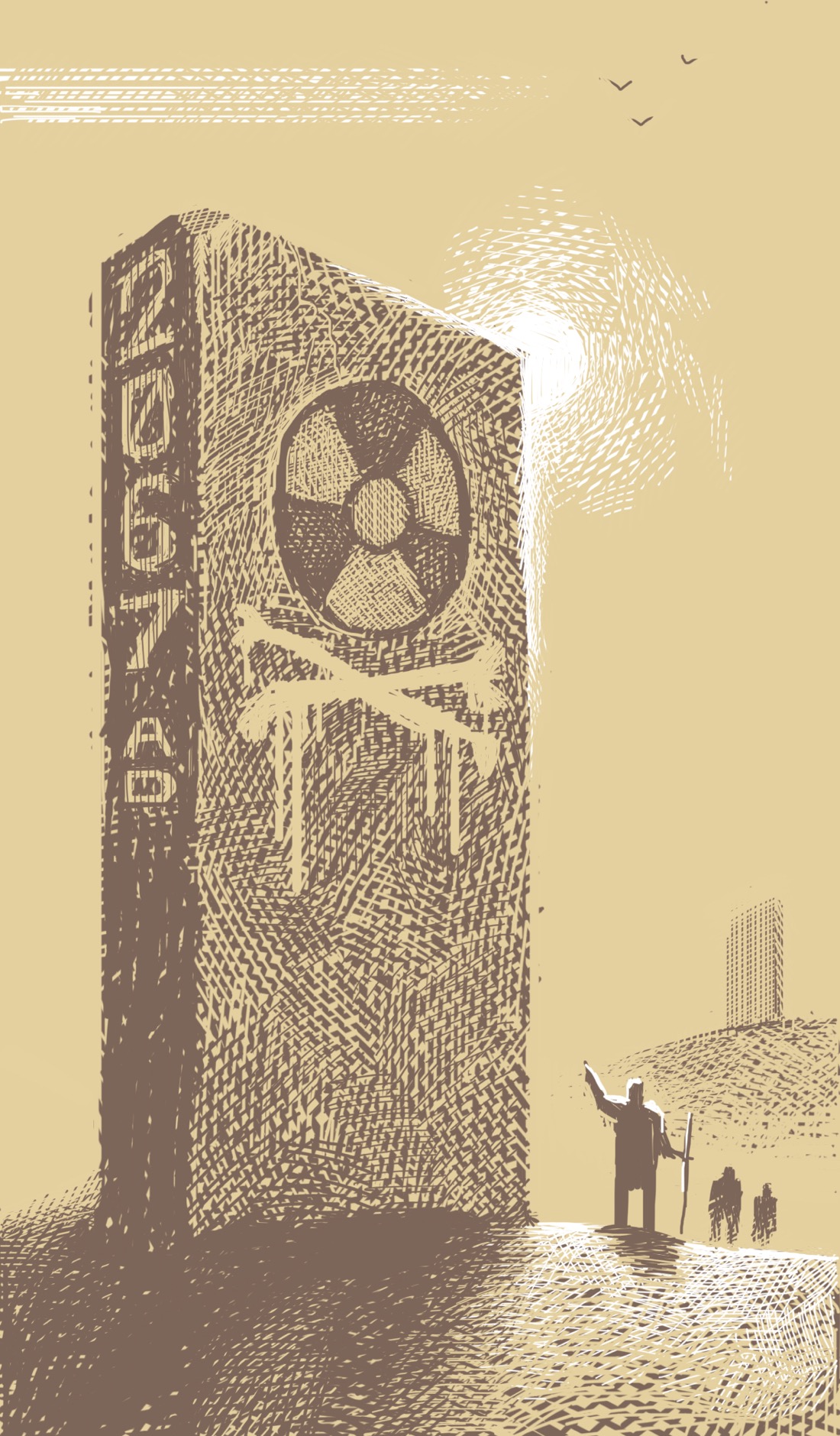 A vast rectangular monolith rises out of the desert. On the front of it is the symbol for radioactivity, with a crudely painted horizontal X directly underneath; the overall effect suggests a skull and crossbones. On the side of the monolith is inscribed, vertically, "2067 AD". The sun is partially blocked by the top right corner of the monolith. In front of it, three small figures—desert wanderers, from the looks of them—congregate in front of the monolith. One gestures to it. The characters on the side are meaningless to them, but they have come to know one thing: the dot with the three rays emanating from it signifies one of the bad places; the stretches of desert that, for thousands of years, are known to be cursed.