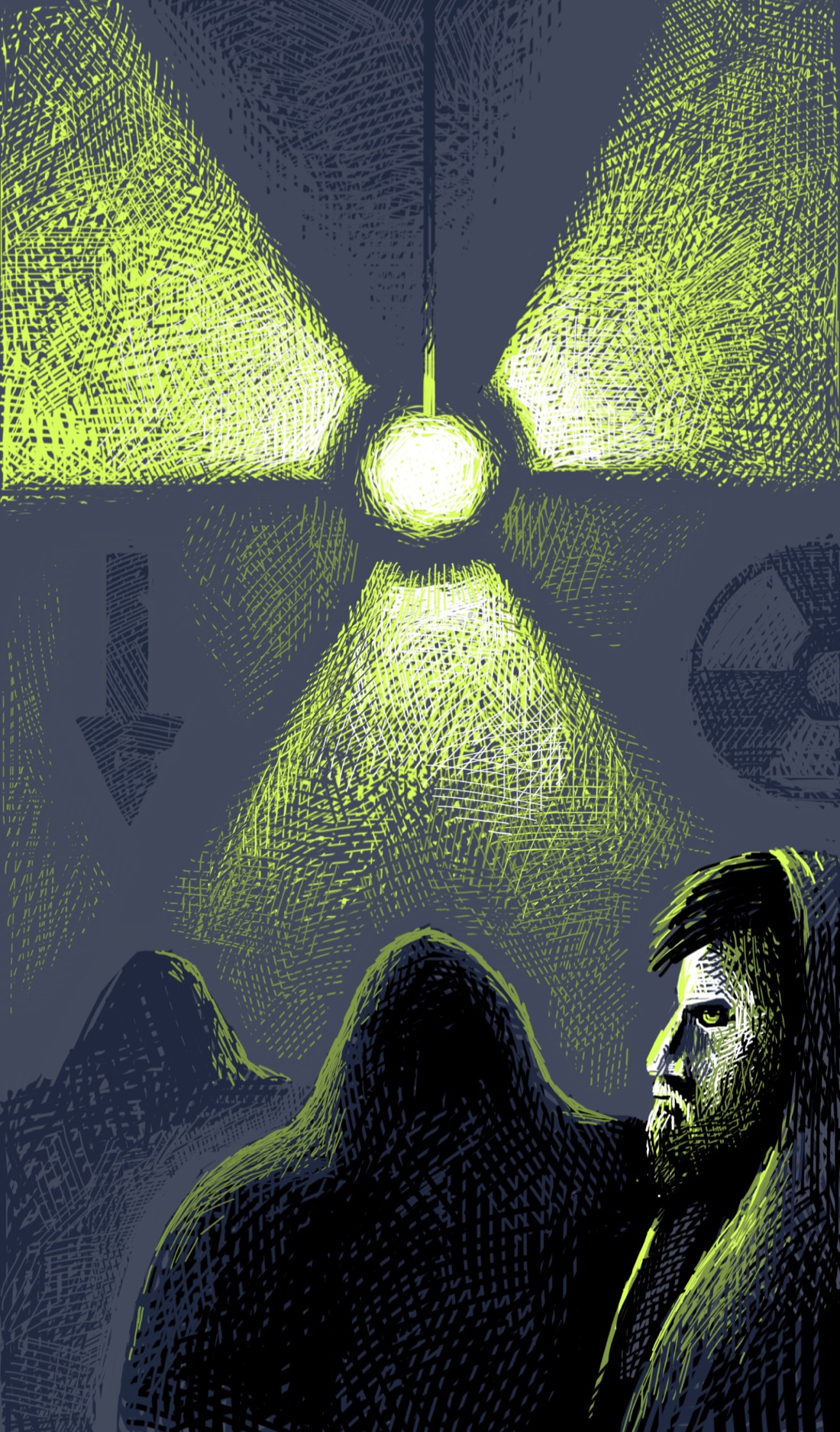 A blazing phosphor-green light in the center of a dark chamber casts three rays that resemble a radioactive trefoil. Standing in front of it, seen from the back, are two robed, hooded figures that seem to be staring at it. A third robed figure stands to the right, partially turned, face visible in profile. This person is heavily bearded, face glowing pale white in the glow of the light. On the wall of the room are visible two symbols: an arrow pointing down, and a stenciled radioactive symbol. No one knows quite what they signify, but the Wasteland Elders speak of demons in the earth, and the wise do not question them.