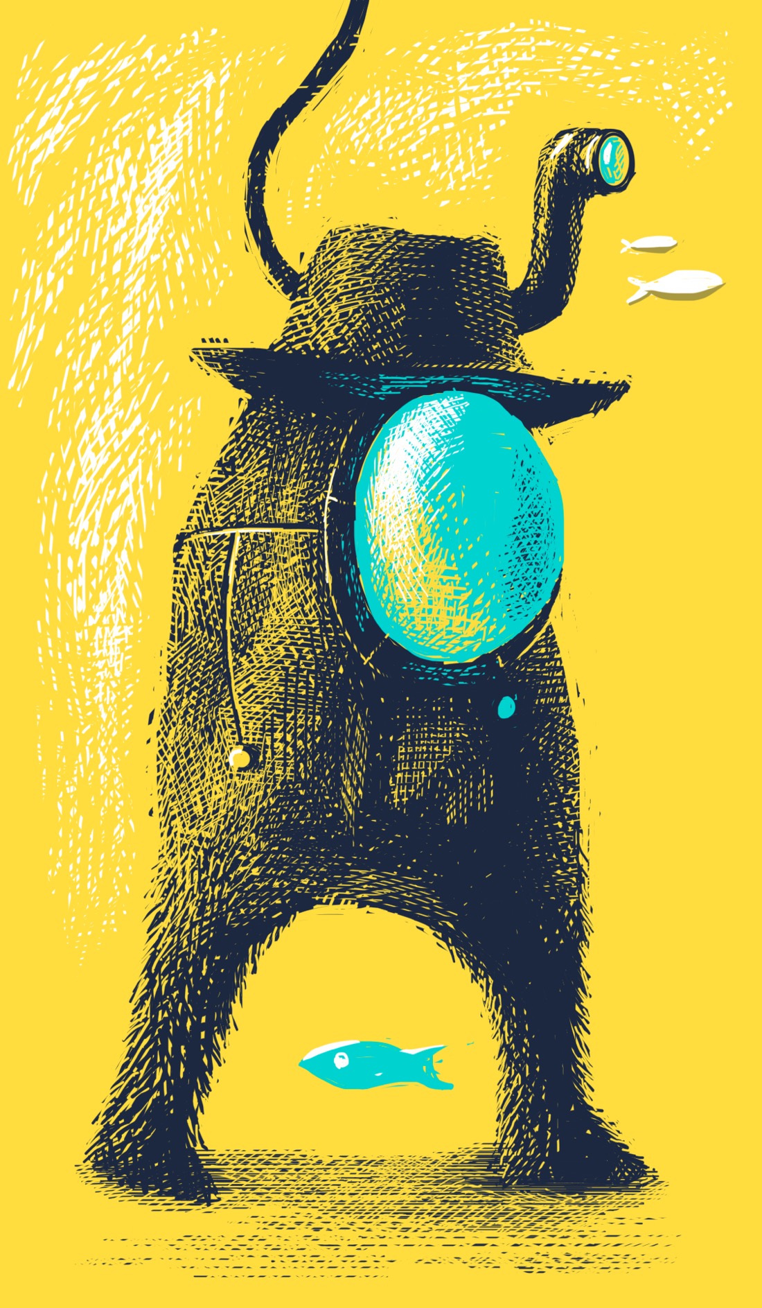 Someone wearing a very unique diving suit walks on the ocean floor. The suit has furry pant legs, a giant blue glass sphere for a faceplate, and a fedora, because one doesn't relinquish one's fashion sensibilities simply because one is at the bottom of the sea. The suit is connected to something by a black hose extending off the top of the screen. There are fish swimming near the figure.