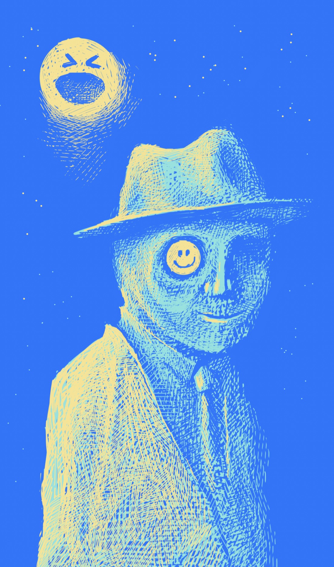 An eerie figure that seems to be carved from stone stands in the light of a moon that looks like the Facebook "haha" reaction. The figure has no ears, a strange smile, and wears a suit and fedora. One side of the figure's face is hidden in shadow; on the side that isn't, there's a smiley face instead of an eye.