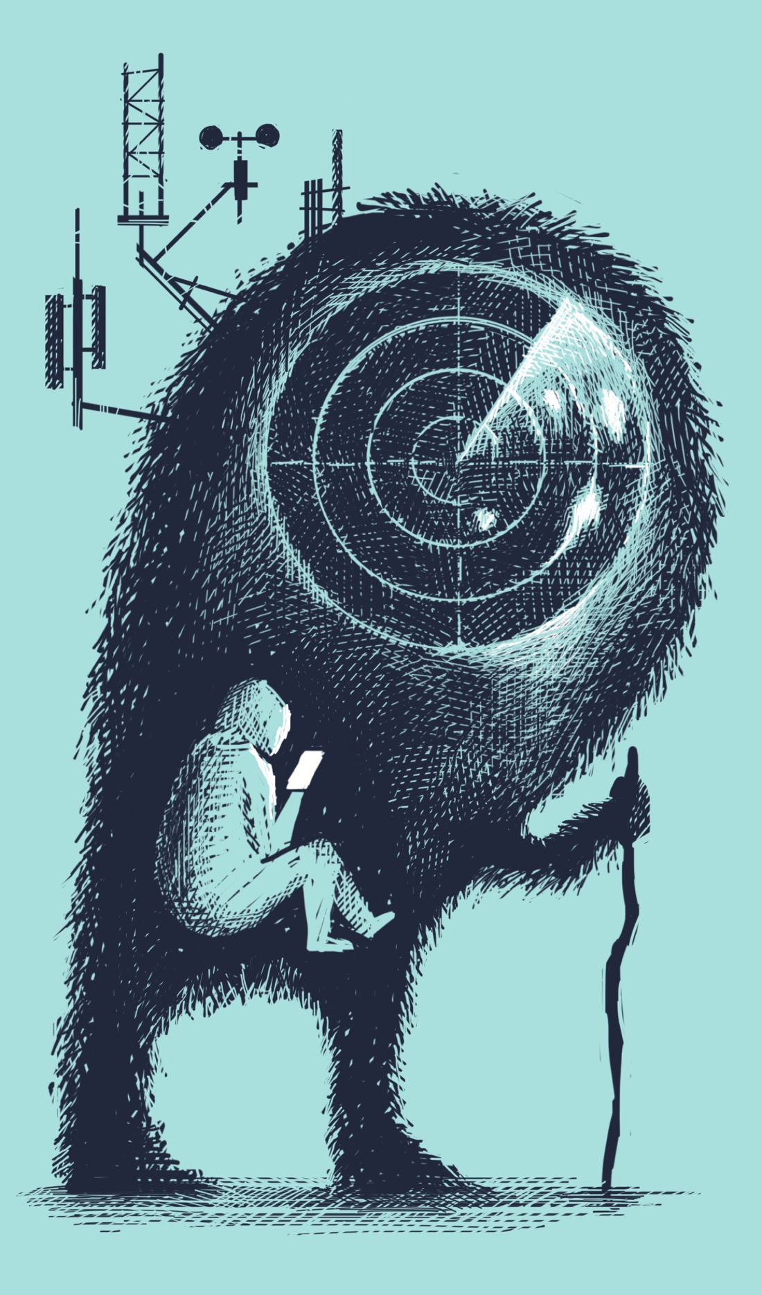 A large, black, furry creature with a giant head. Where the face would be is a large radar screen instead, depicting several glowing blobs. The figure is holding a walking stick; several complex antennas bristle from its head. Inside its belly sits a person looking at a phone.