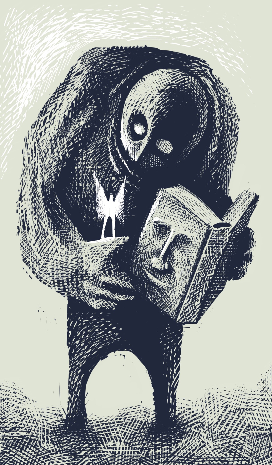 A hulking figure whose head is either very smooth or encased in a helmet stands, holding a large leather bound volume in one hand. A small glowing figure with wings is standing on its other hand. The figure is looking at it. The rear cover of the volume has a vague, expressionless face molded into it.