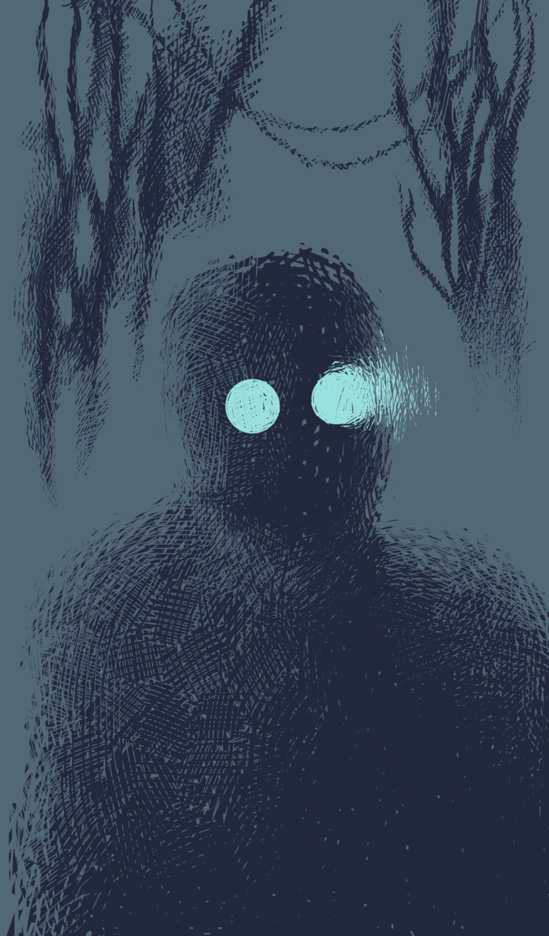 A shadowy figure with circular glowing eyes—possibly glasses—stands in a dim, foggy area. There are suggestions of blurry trees and vines in the background. This is not a nice place, and one is left with the suspicion that this may not be a nice person, either—if it is a person at all.