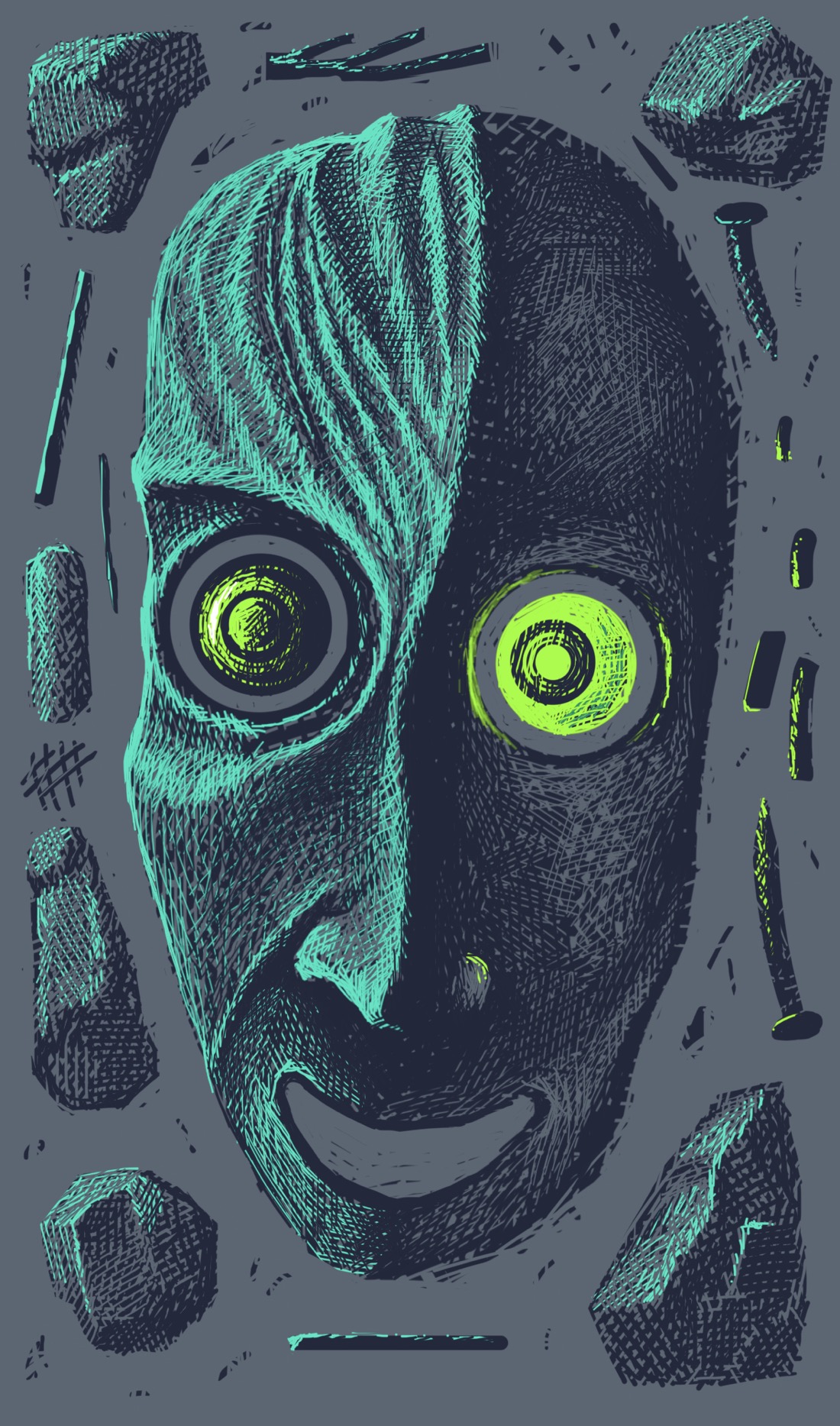 A mask with glowing green eyes and an unsettling smile, surrounded by bits of debris and rocks. The mask is illuminated by an iridescent greenish light, the source unseen. The light is also reflecting off the rocks and debris.