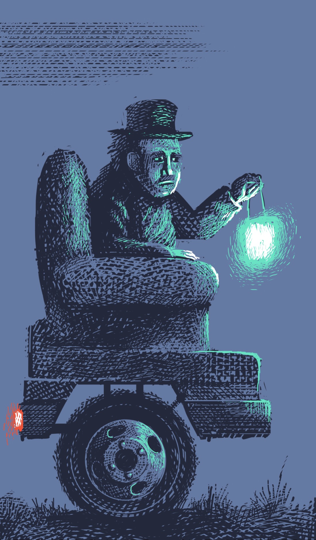 A fellow wearing a top hat rides in an odd conveyance with only one truck wheel on either side. It's a dismal night: no stars, no moon. The only light comes from the phosphor-green lantern held by the rider, whose face is eerily lit. There is also a red taillight. There's a suggestion of clouds overhead, but the general environment is barren and featureless.