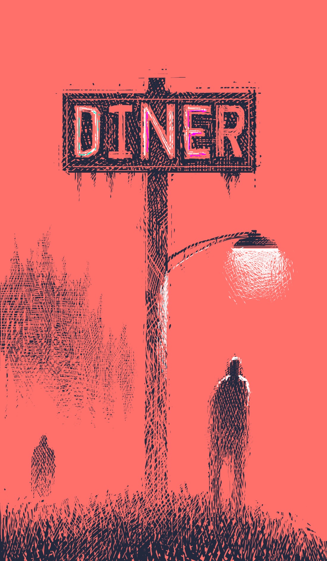 A tall sign—the size of a two-story building—out in the middle of nowhere with "diner" written on it. Some of the letters are dim, neon bulbs; others aren't lit at all. Also affixed to the sign pole is a street light, casting a dull light. The atmosphere seems to be a wet, foggy day. A figure stands under the street light, perhaps waiting for someone. Another figure approaches through the fog. Off in the distance is a dim, barely visible tree line, suggesting a forest.