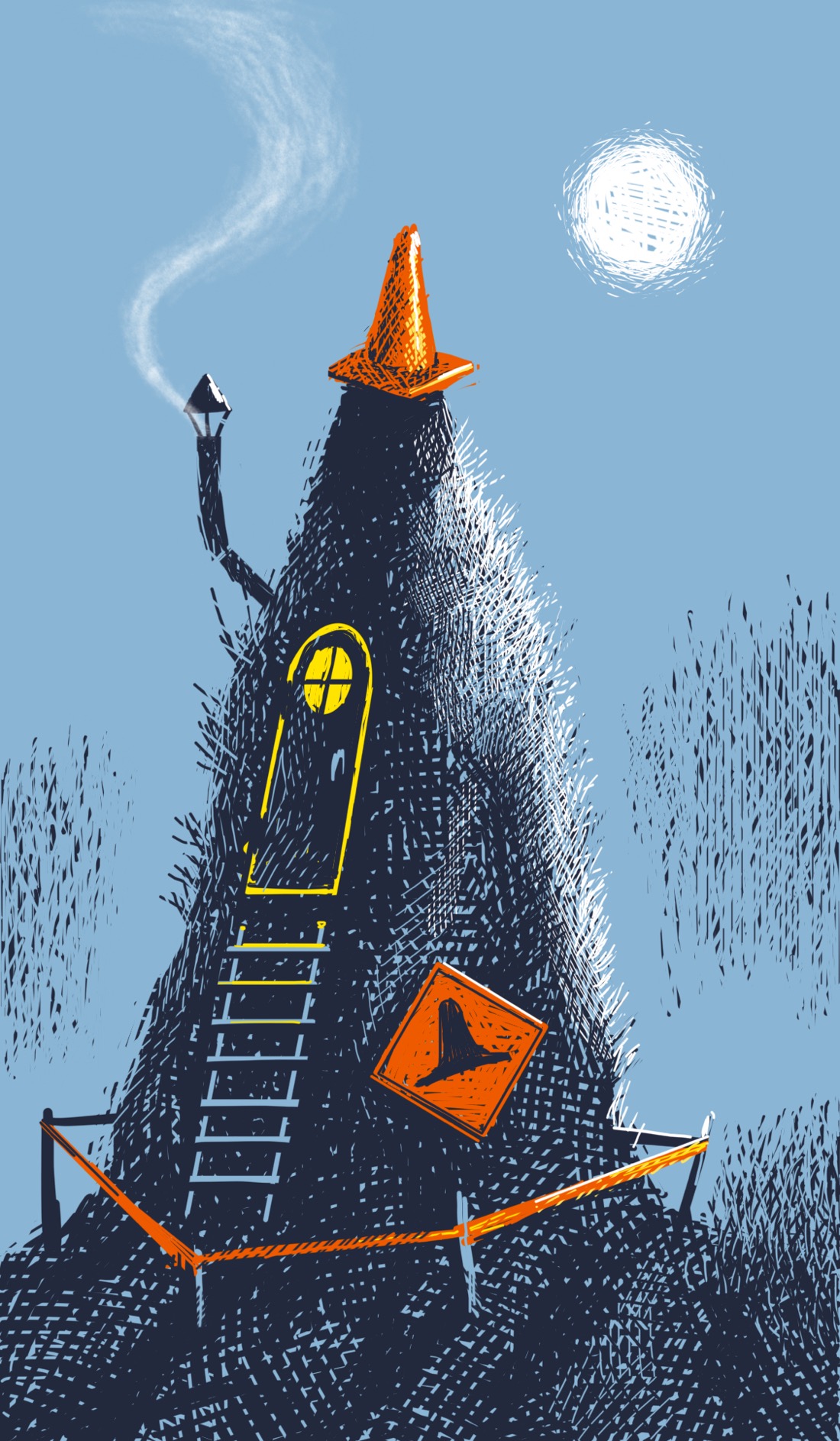 A large, conical hill made of soil. The hill is topped by an orange road cone and surrounded by orange tape, as though it's a construction zone; an orange warning sign indicating a bump is affixed to the hill. Under other circumstances, this might look like a particularly egregious construction project, but the perceptive observer will notice a door and chimney stuck in the hill, indicating a resident. It is evening. A full moon illuminates the scene. Drive carefully.