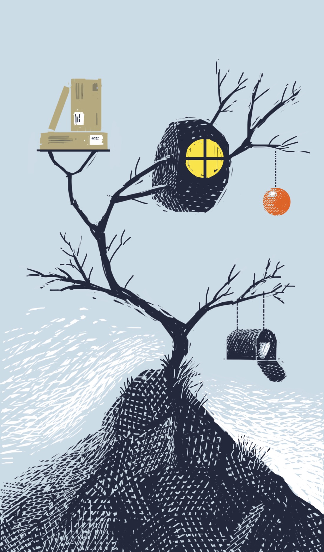 A lonely, sharp mountain top on which stands a small, twisted tree with few branches and no leaves. Hanging from the tree is a mailbox and a red decorative sphere. Built into the branches is a small, spherical dwelling that looks a little like a wasp nest. The dwelling has a circular window in it, brightly lit. Also built into the branches is a platform with several brown cardboard boxes stacked on top of it; the kind that would be delivered from Amazon.