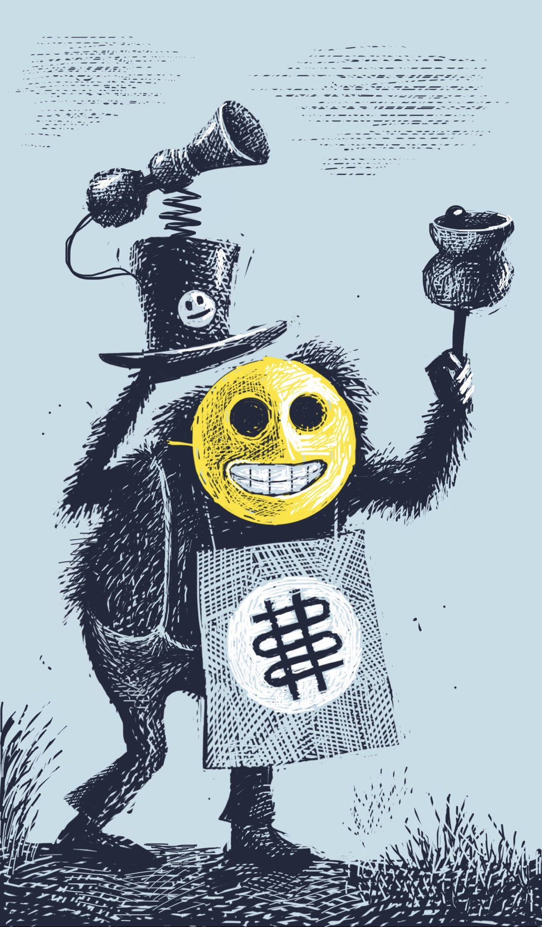 A furry, slightly disheveled creature, wearing suspenders and a sandwich board with an icon on it that looks like a vague blend of the bitcoin symbol and a dollar sign. The creature's face is covered by a sinister smiley-face mask with perfect teeth and empty eyes. The creature is doffing a top hat with a clown horn affixed to it via a spring, and also ringing a bell, like a carnival barker. The creature is slightly hunched, trudging along a barren landscape with sparse grass. This is totally not a passive-aggressive reference to the crypto scammers who have been making a particular nuisance of themselves lately.