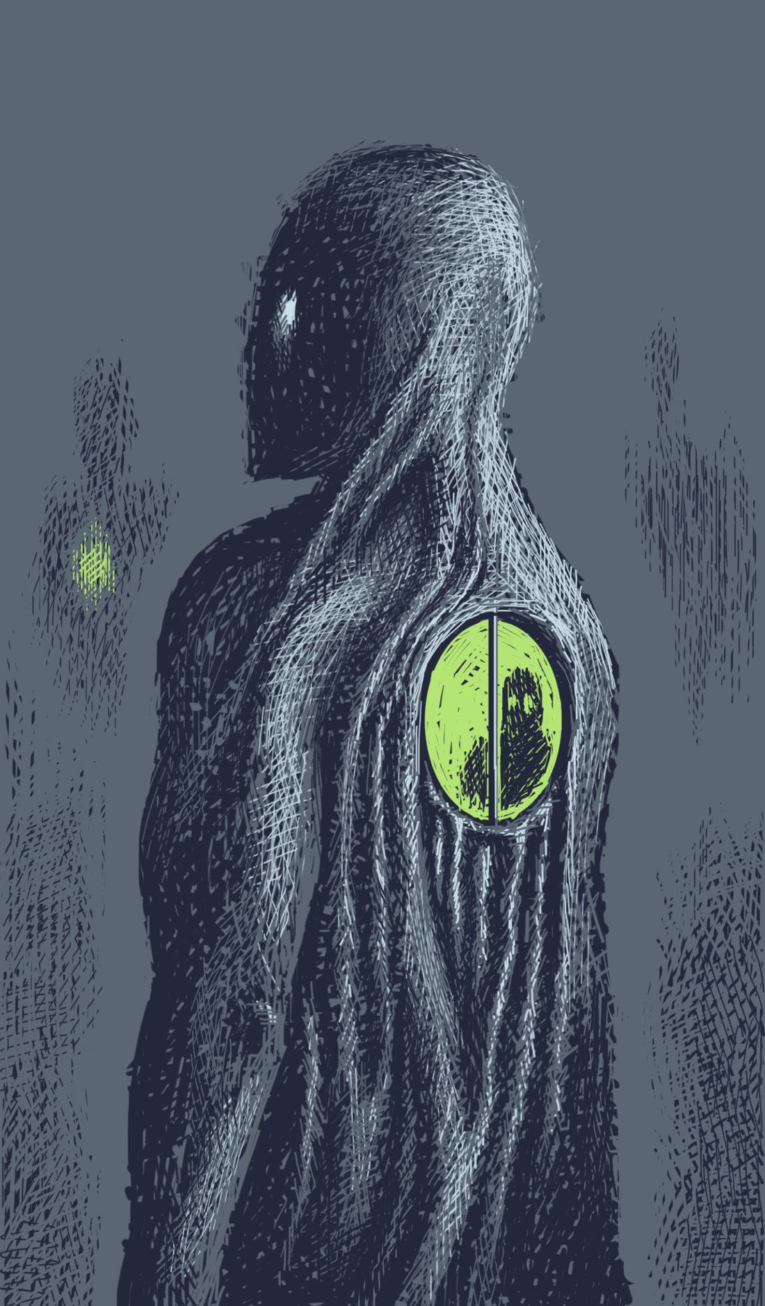 A humanoid figure with its back facing us. The profile of its face is visible; one eye glows white. The figure is strangely sinewed, almost as though it is a machine. In the center of its back is a round, green window, through which a shadowy figure looks. Blurry silhouettes in the background suggest numerous similar figures, also with glowing windows on them.