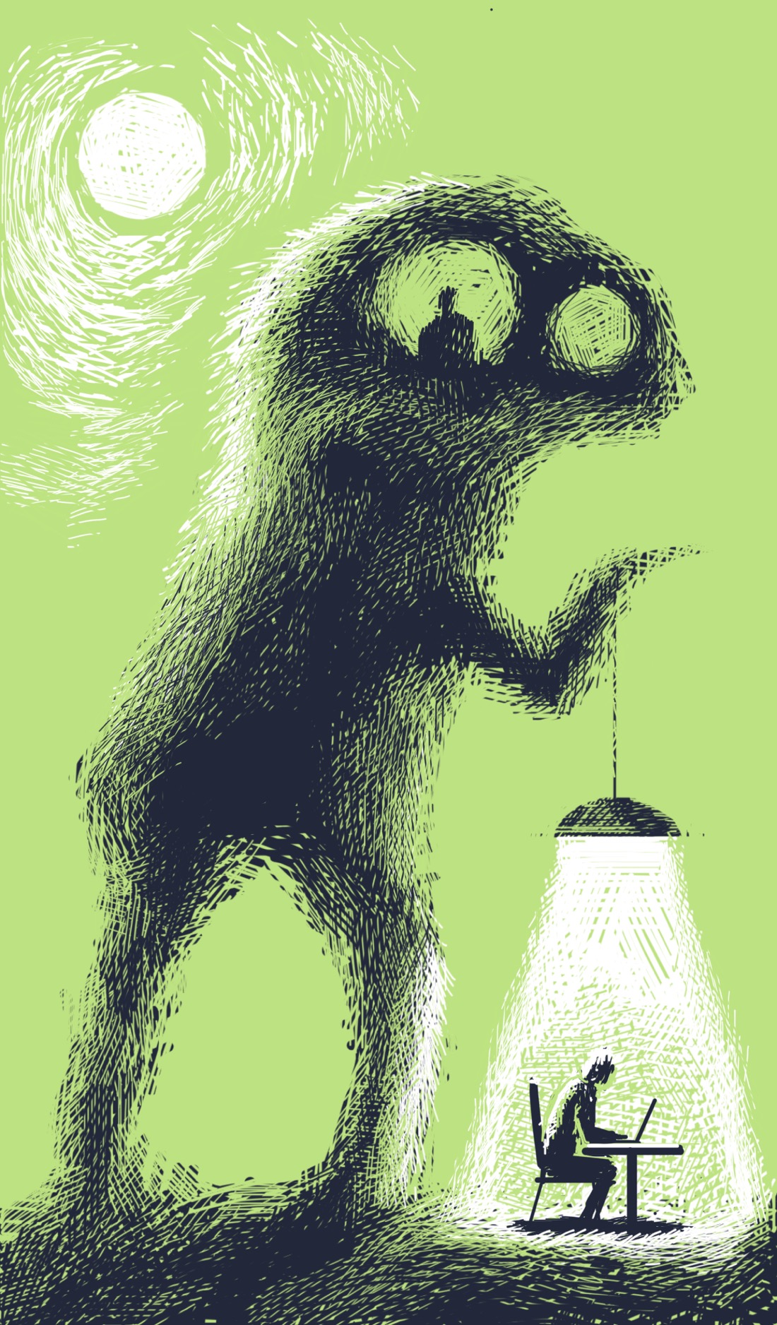 A large, shadowy figure with huge eyes and a head that doesn't look quite human stands in the moonlight. The silhouette of a person is visible in one of its eyes, as though someone is standing inside the head, looking out. From one of its hands dangles an overhead light, like something you'd find in a kitchen. The light illuminates a person sitting at a table, using a laptop. The light is white, and inhumanly bright; more like a spotlight than a house lamp.