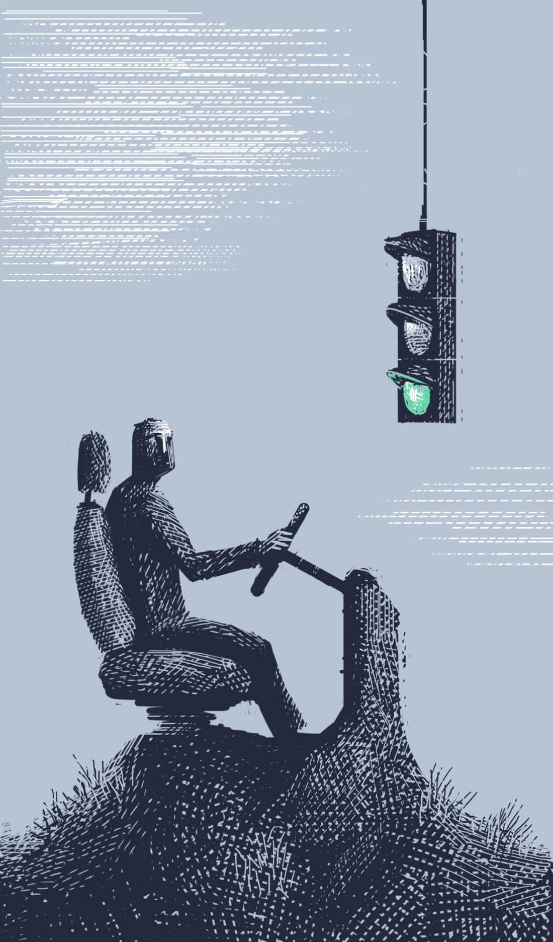 A person sitting in a car seat and holding a steering wheel. Both the seat and the steering column are fused into the earth, not part of any vehicle. Above the person is a traffic light dangling down from the sky, not fixed to any visible source. The light is green, but nobody seems to be going anywhere.