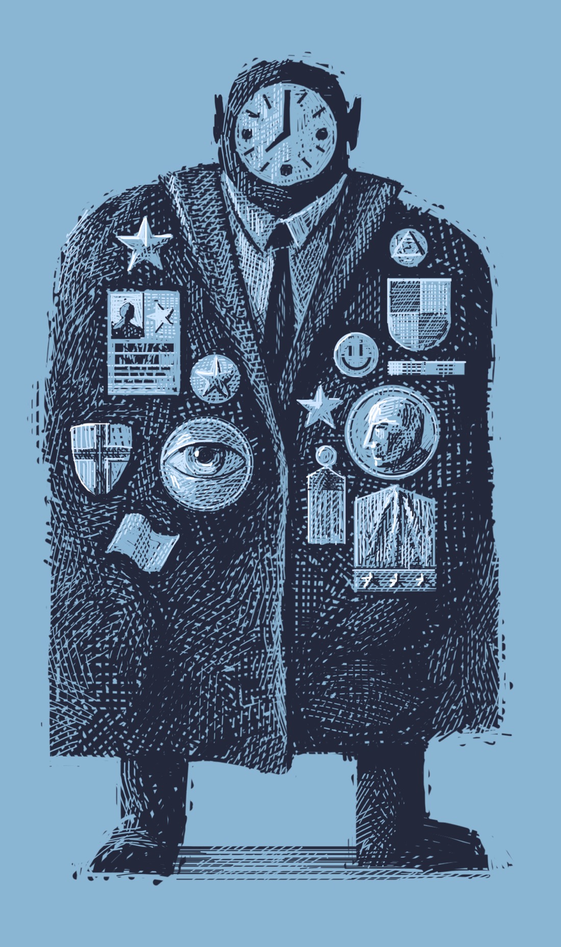 A large person wearing a shirt, a tie, a vast overcoat, and heavy military boots stands alone. The person's head is shaved; they have an analog clock for a face. Pinned to the overcoat is a wild, ostentatious array of various medals, pins, and badges.