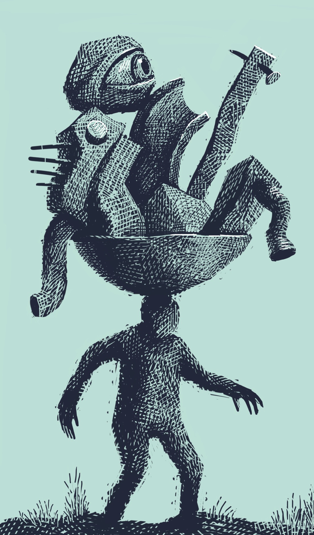 A faceless figure staggers along, a large salad bowl (or maybe a wok) balanced on its head. Inside the bowl is a collection of large, heavy, unrecognizable bits and pieces. Most look like industrial detritus; one looks like a boulder with an eye.