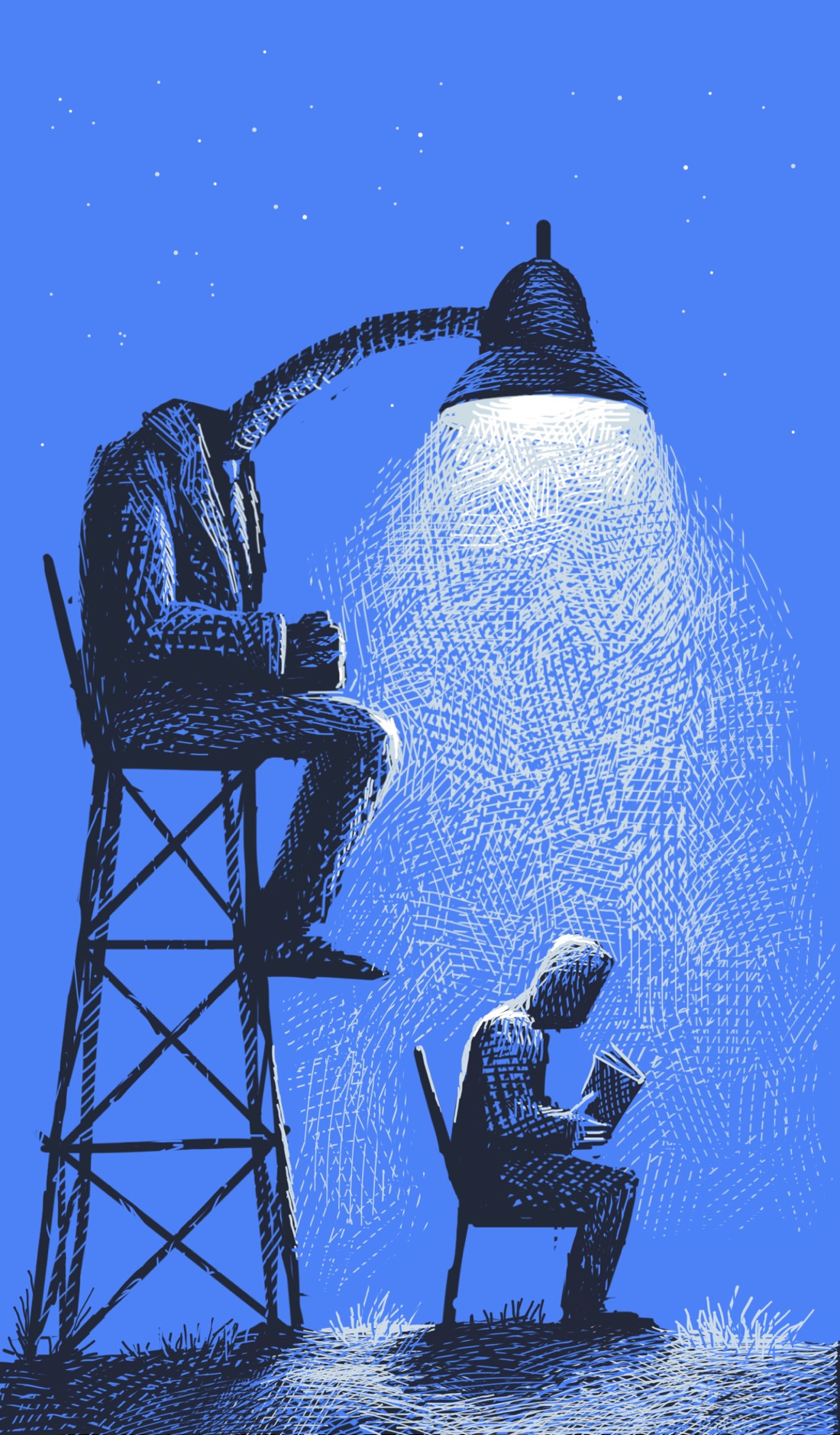 An imposing figure sits in a high chair on trusses, similar to a lifeguard's chair. The figure is wearing a suit and has a long-necked desk lamp for a head. Below the figure sits a person in a normal-sized chair, reading a book. The scene is at night; the desk lamp person casts a light over the person sitting in a chair reading a book.
