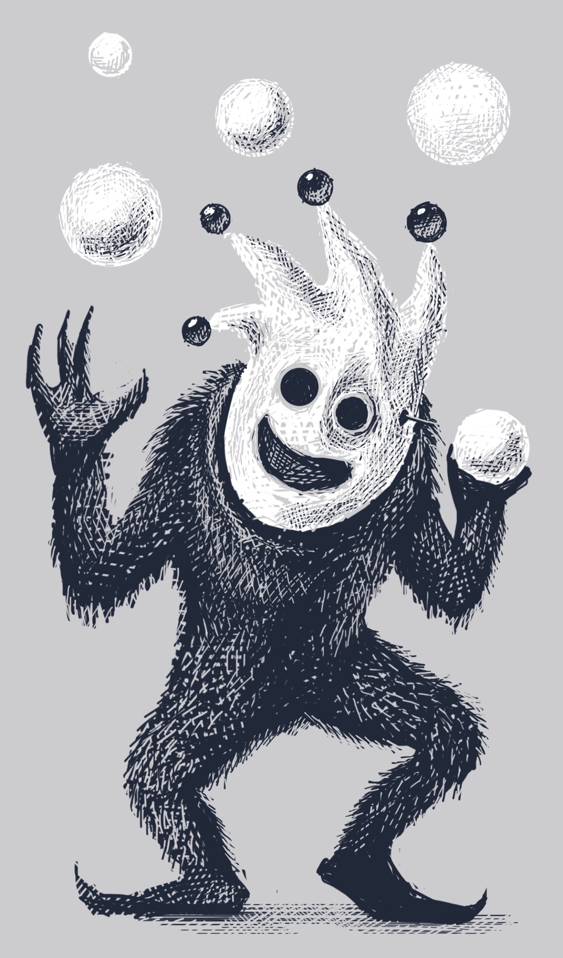 A black, furry, slightly hunched over creature dances while juggling balls. The creature is wearing a mask that looks vaguely like a jester's face and cap, except more minimal and eerie: blank and white, with black holes for eyes and a mouth.
