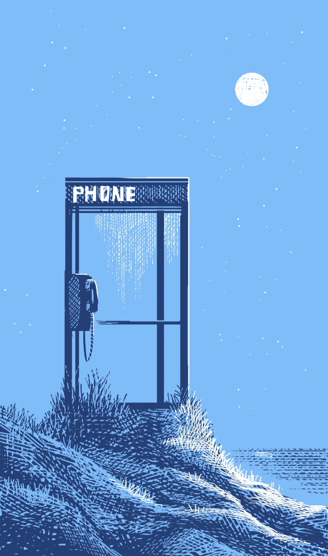 An old-style telephone booth stands on a small hillock at night, overlooking the ocean. The full moon is high in the sky. The sky is clear, filled with stars. No one is in the booth. Perhaps no one has been for quite some time.