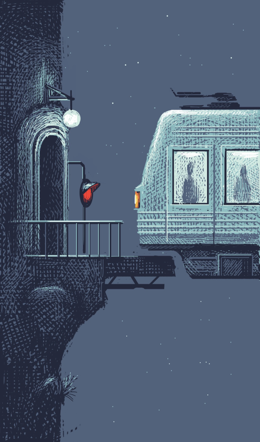 On the left of the drawing, a stark, perfectly vertical cliff wall, interrupted only by a doorway set in the wall, a small deck with a railing jutting out from it. It's night; stars on a slate gray sky. Above the doorway is a glowing spherical lamp, similar to a streetlamp. Next to the doorway is a red train signal. Pulled up to the deck is what looks like a subway car, except it is floating in space and doesn't have wheels.