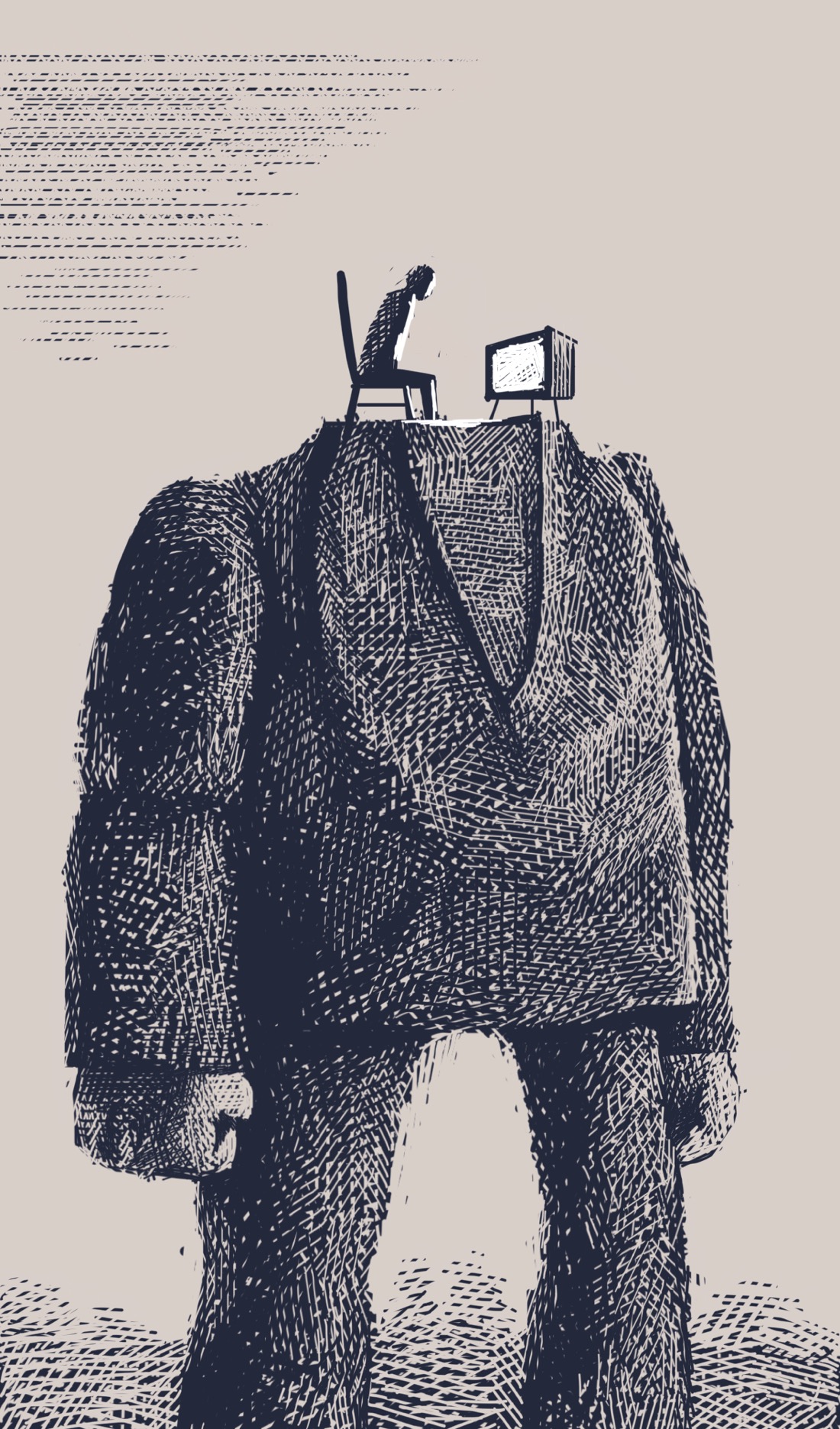 A huge, somewhat robotic-looking figure, arms stiffly at its sides, hands balled into fists. It looks like a large person wearing an unremarkable pair of pants and coat. Where the figure's head would be sits a person on a chair, watching a boxy, old-style television. The background is indeterminate: suggestions of clouds, and a blurry horizon.