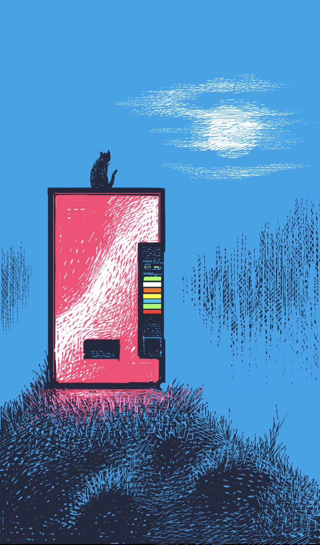 A small, grassy hill, far out in the middle of a forest. It's early evening on a damp, foggy night. The sky is a deep blue, not black. There is a full moon wrapped in fog, with a blurry tree line in the background. On top of the hill stands a pink, glowing vending machine (the soda kind, not the food kind). On top of the vending machine sits a cat.