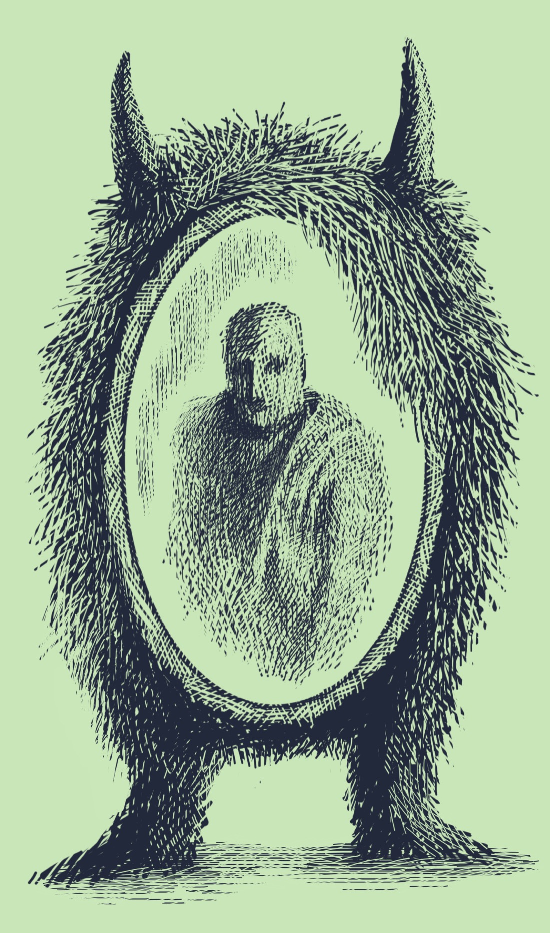 A large, egg-shaped, furry creature with two horns. The entire front of the creature's body is a mirror, in which is reflected a blurry figure wearing a coat.