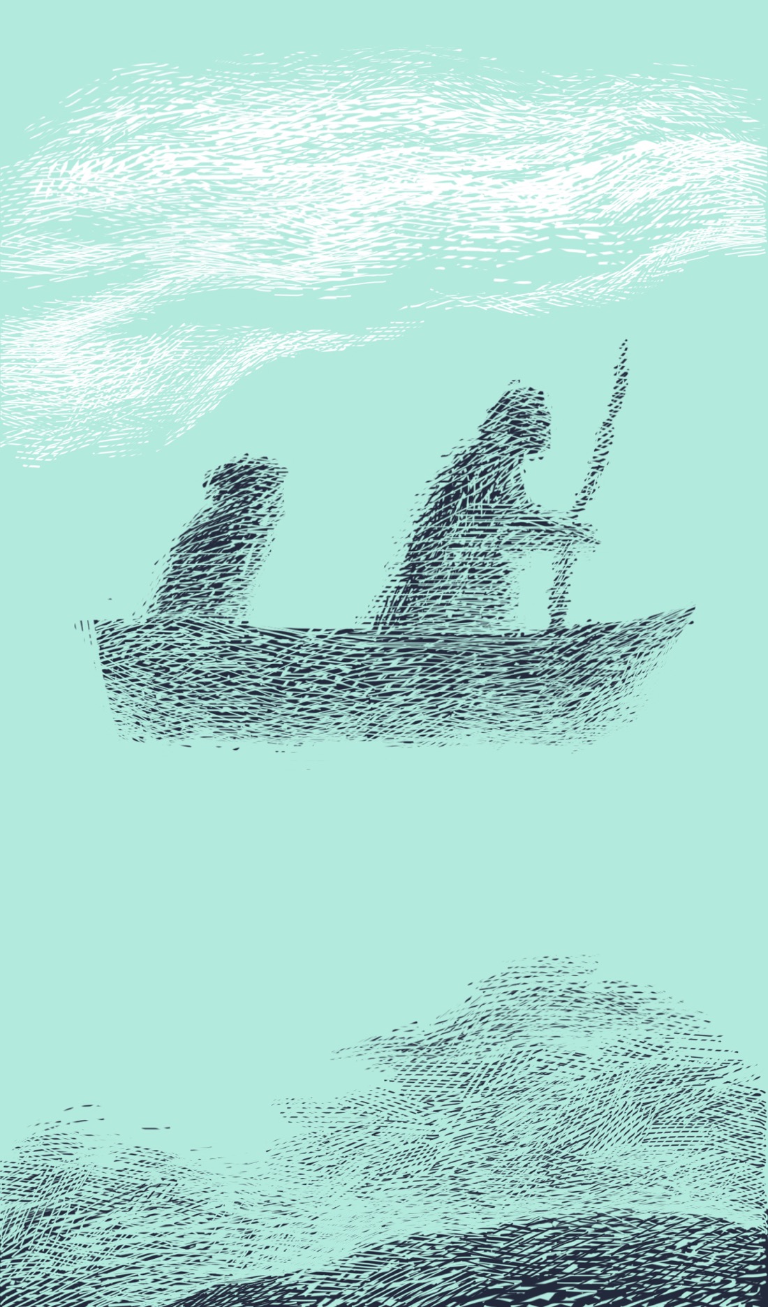 A rowboat that appears to be hovering in the air in a thick fog. There are two figures in the rowboat: one smaller and hooded in the back, and a tall robed figure holding a staff in the front. Below the boat is the suggestion of a horizon and some blurry dark shapes that could be either trees or mountains. Above are hazy clouds.
