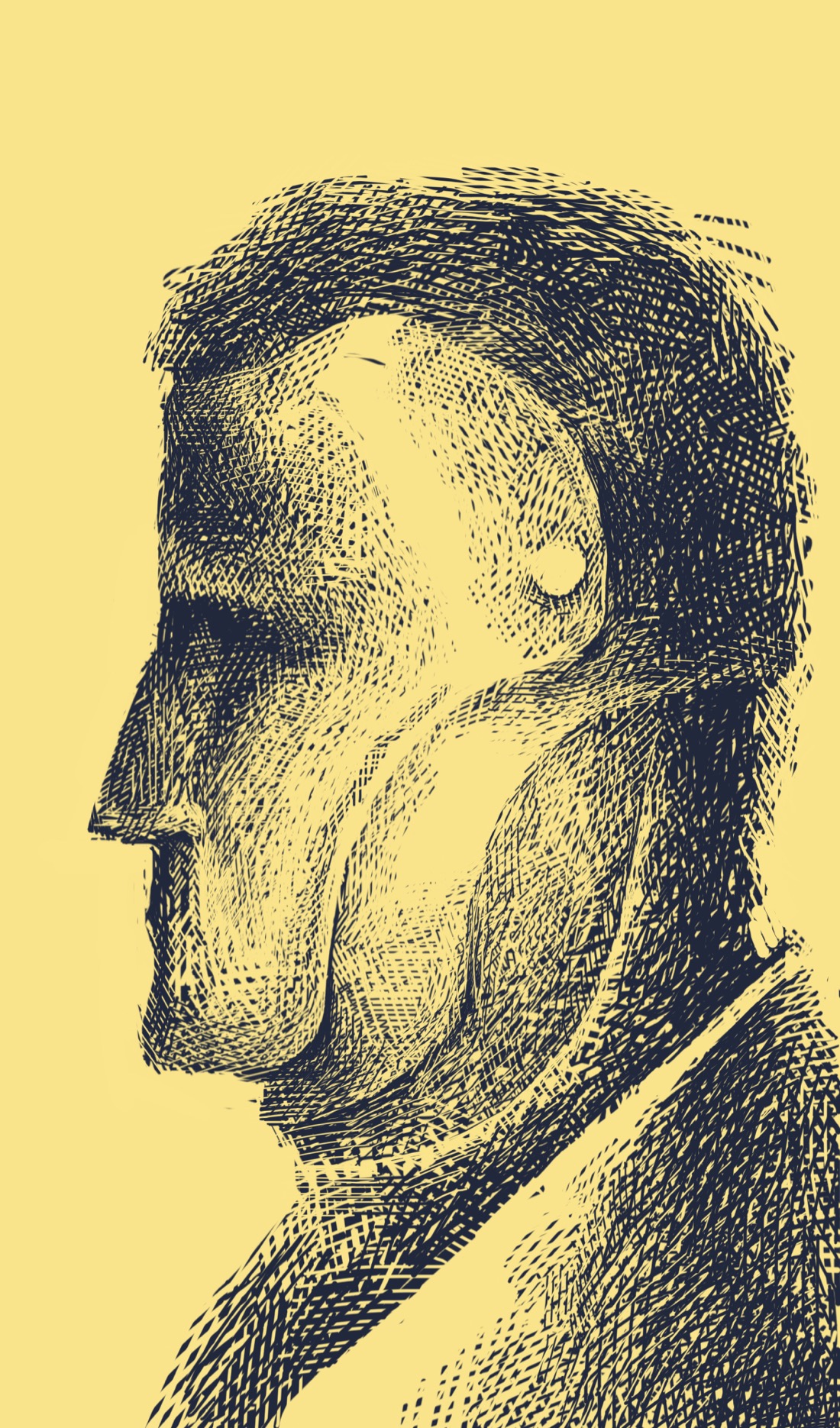 A face in profile, with a blur of short, dark hair. The face is sterile, minimalist, and expressionless, like that of a mannequin. It appears to be a mask, but other lines and seams make it look as though the entire head is assembled of multiple parts, as if the entire figure in the drawing is a machine or robot of some sort.
