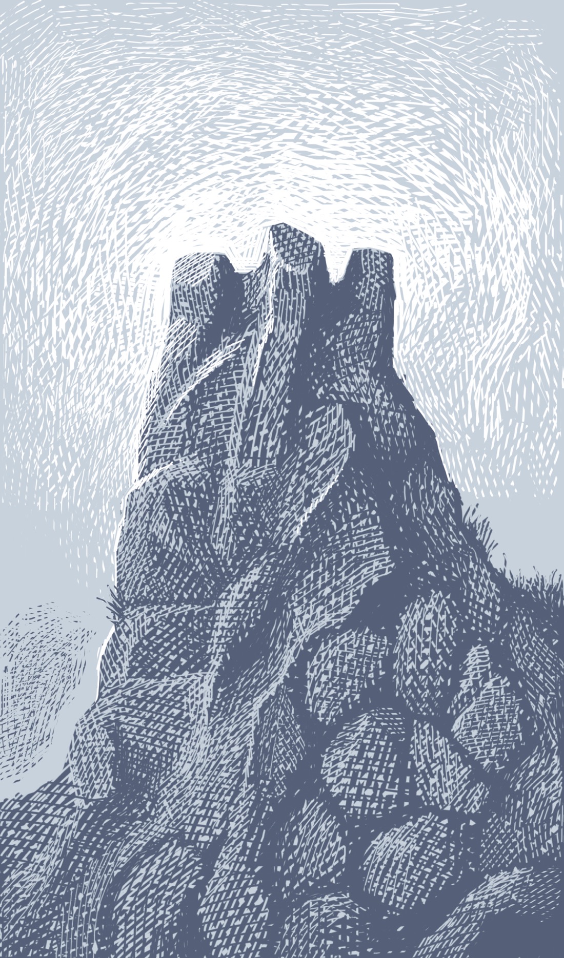 A spike-shaped, rocky mound with three protrusions at the top, sort of like a rough, lopsided turret. It's rough enough to look like a natural formation, but weird enough to make you wonder. above it is a hazy blaze of light, as though something divine is about to appear on the turret.