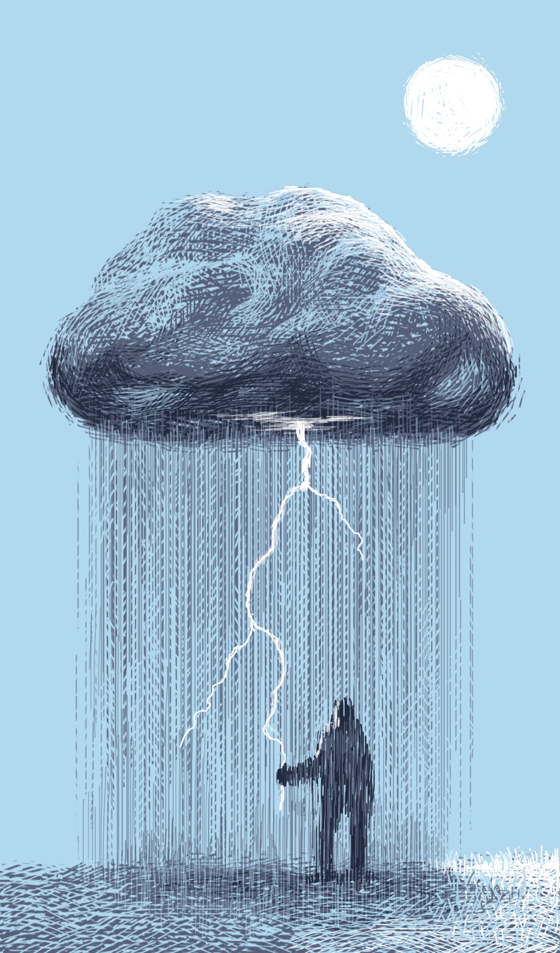 A small, extremely localized thunderstorm unleashes a downpour and lightning bolt in one specific spot. The entire storm is maybe not more than 12 feet in diameter. Other than the storm, the sky is completely blue; above, the sun shines. Standing directly under the cloud is a person, grasping the thin, jagged lightning bolt as though it's a string attached to a balloon.