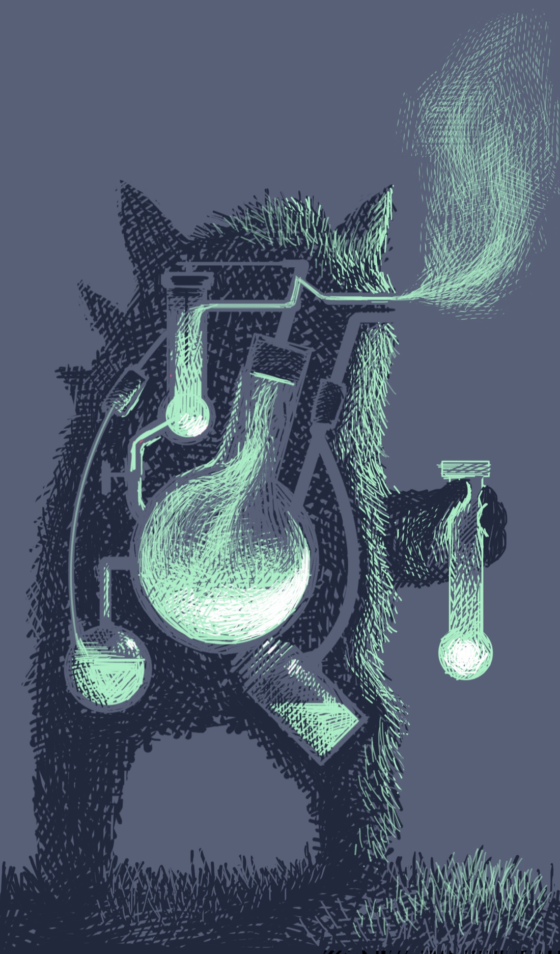 A two legged creature with horns and/or pointed ears stands in the grass. It seems as though the interior of the creature is visible, perhaps a cutaway view, like a biological diagram. This cutaway view obscures the creatures face. Inside the creature are various beakers and tubes containing glowing green liquid, connected by piping. The creature holds a test tube with the same glowing liquid in one of its hands. The overall effect is of a furry, walking chemistry set.