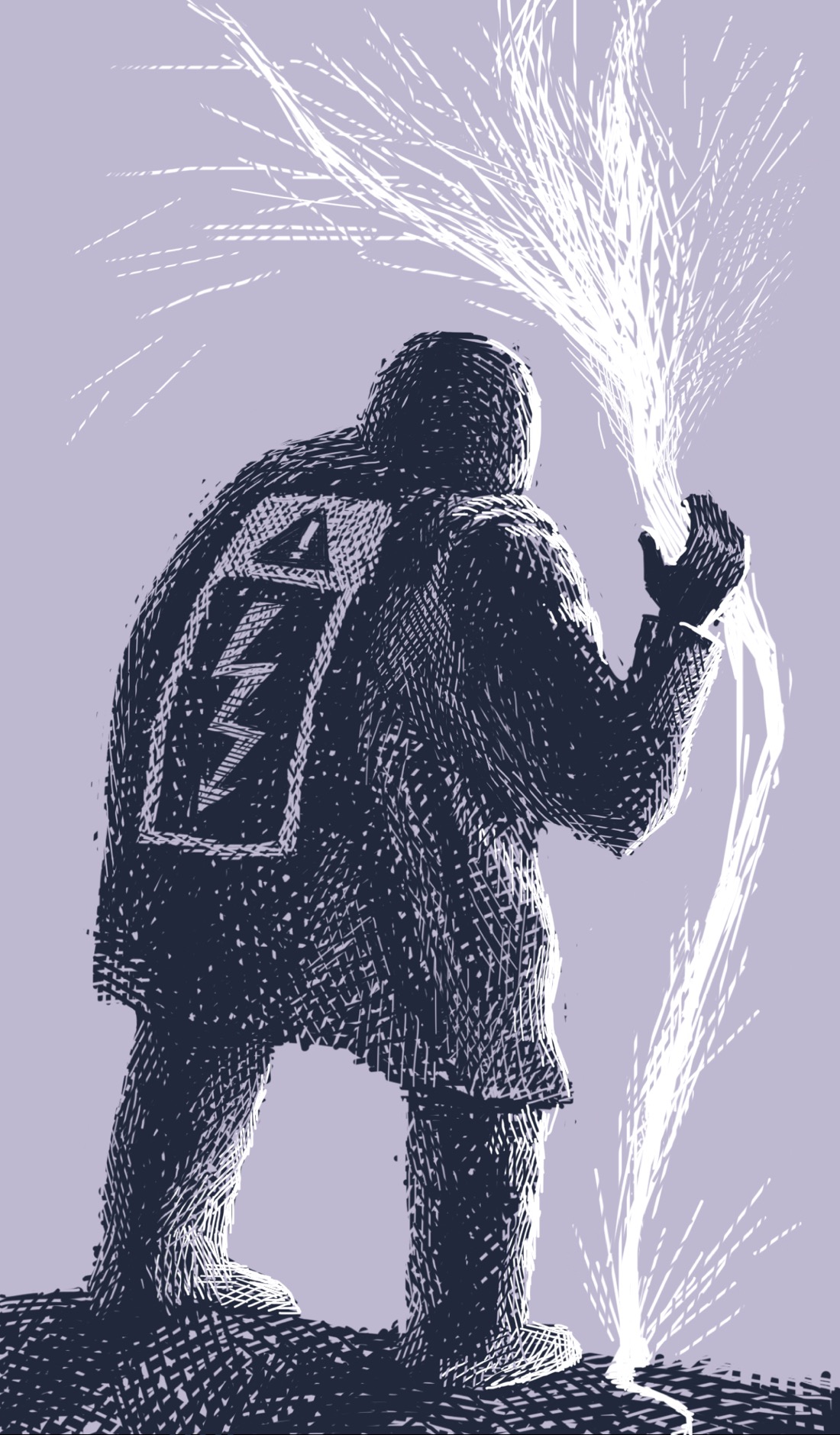 A figure stands with its back to the viewer. On the back of the figure's shirt is a high-voltage symbol. The figure is clutching a spitting arc of electricity that is leaping up from the ground as though it's a fountain.