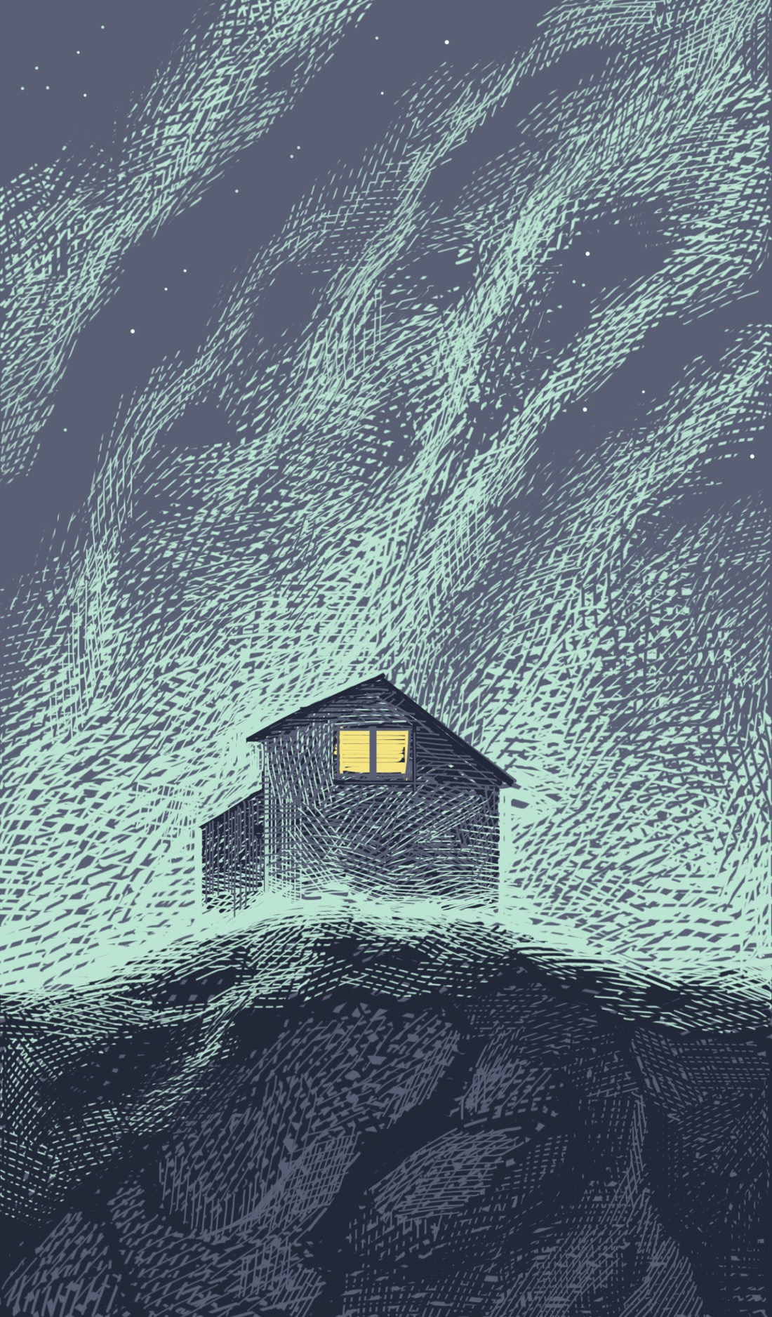A house stands on a rocky hill at night. Behind the house, the sky is filled with billowing phosphorescent green clouds: could be fog or maybe even the aurora. Fog appears to be hanging low to the ground as well. On the second floor of the house, two windows are lit.