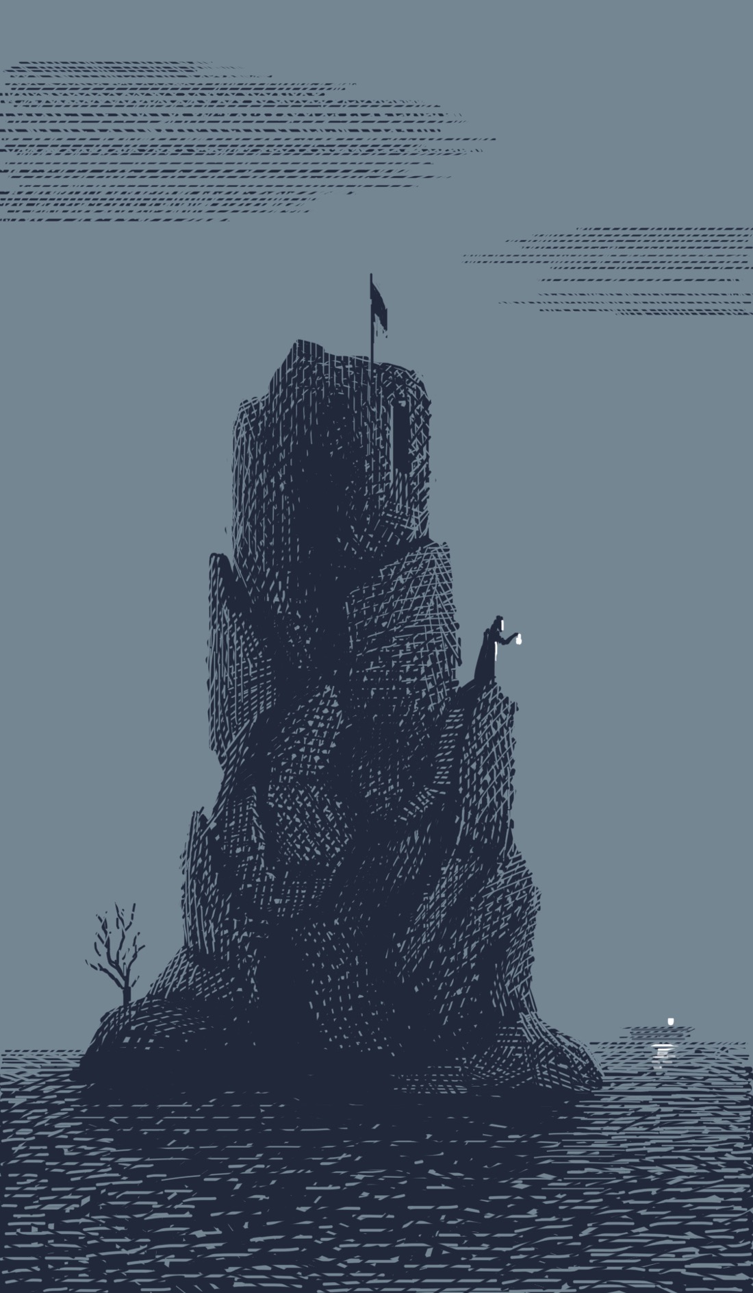 A dark, starless night. A small, barren island in the middle of a large body of water, which is perhaps the ocean, since no other land is visible. Rising straight up from the island is a tall, craggy tower of rock. The bulk of the tower is rough and misshapen, and, while bizarre, still looks naturally formed; the top is an actual, cylindrical turret that appears to be crumbling. There is a dark window on one side of the turret, and a limp flag at the very top. About halfway up the tower, standing on one of the more prominent crags, is a dark figure holding out a blazing white lantern. Far out on the water is another white light from a ship. The figure and the ship seem to be signaling each other. Something is afoot.