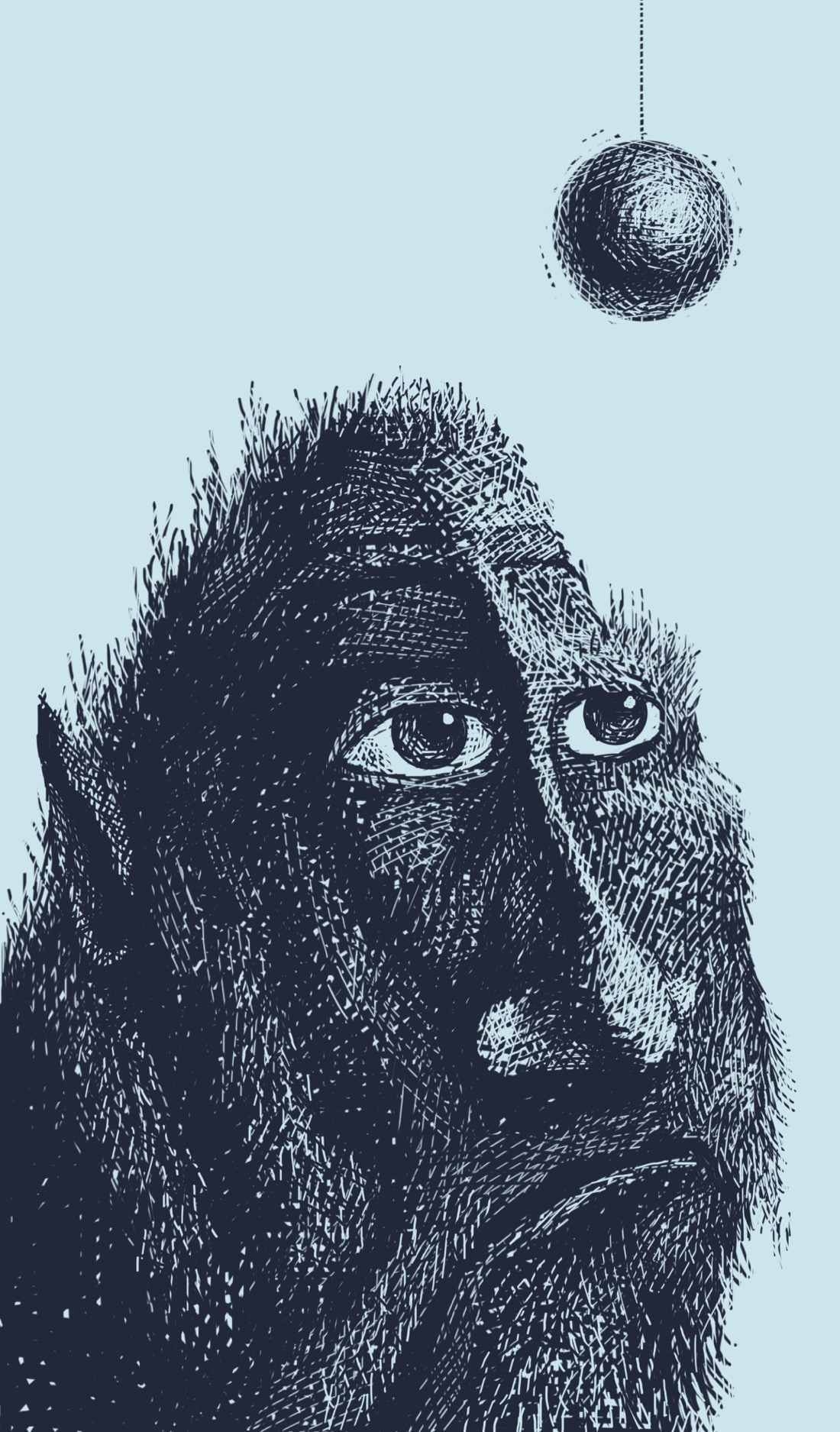 A creature with heavy, primitive facial features, pointed ears, fur all over its face, and eerily expressive eyes stares pensively at a small sphere suspended by a string above its head. Only the creature's conical, gorilla-esque head is shown.