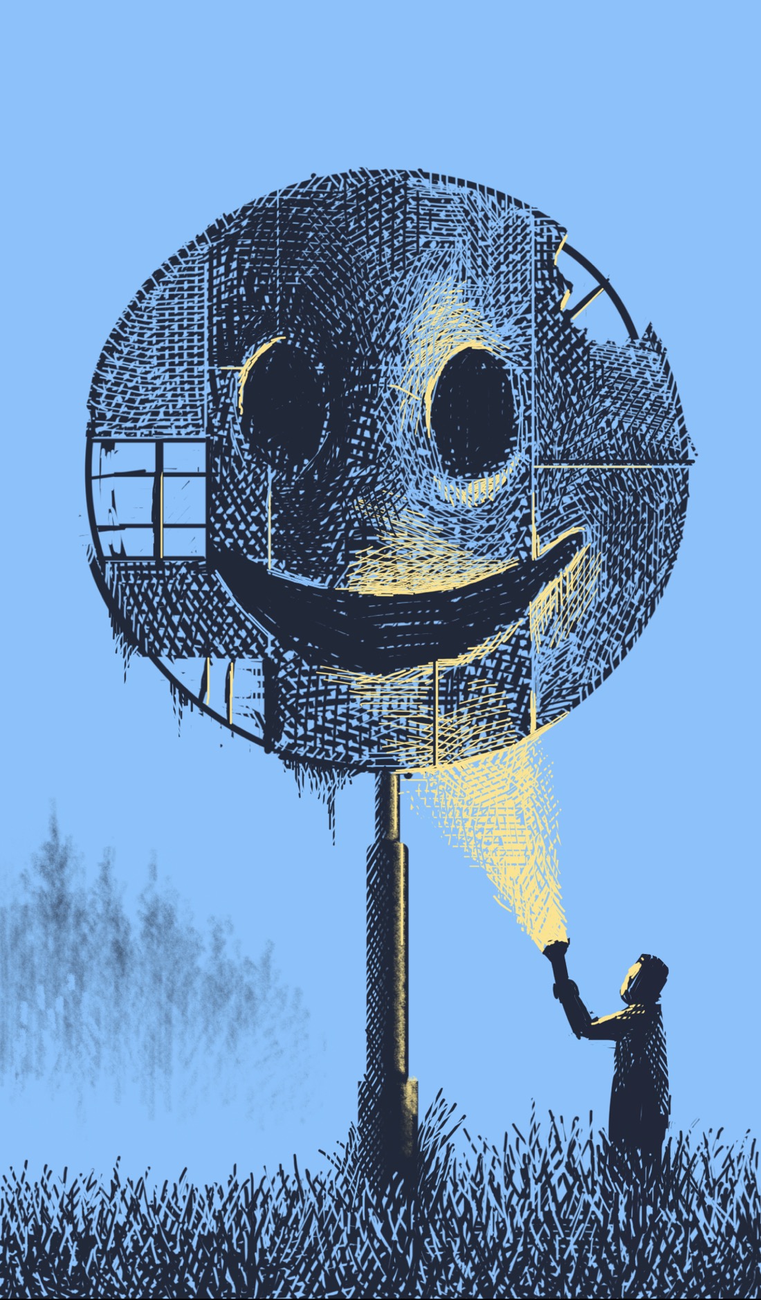 It is very late evening or very early morning. Standing in a grassy meadow is a giant round sign, maybe 10 feet in diameter: a smiley-face that appears to be constructed from metal and plastic, like a sign for a gas station or roadside attraction. The sign is falling apart: panels are missing or broken, revealing the metal framework underneath, and plants dangle from the frame. In the background is the suggestion of a foggy tree line. Standing to the right of the sign is a person, shining a flashlight up at it. The darkness and the beam from the flashlight throw the seams and contours of the sign into sharp relief, making the smile empty and menacing. As Lon Chaney once said, "There's nothing funny about a clown in the moonlight."