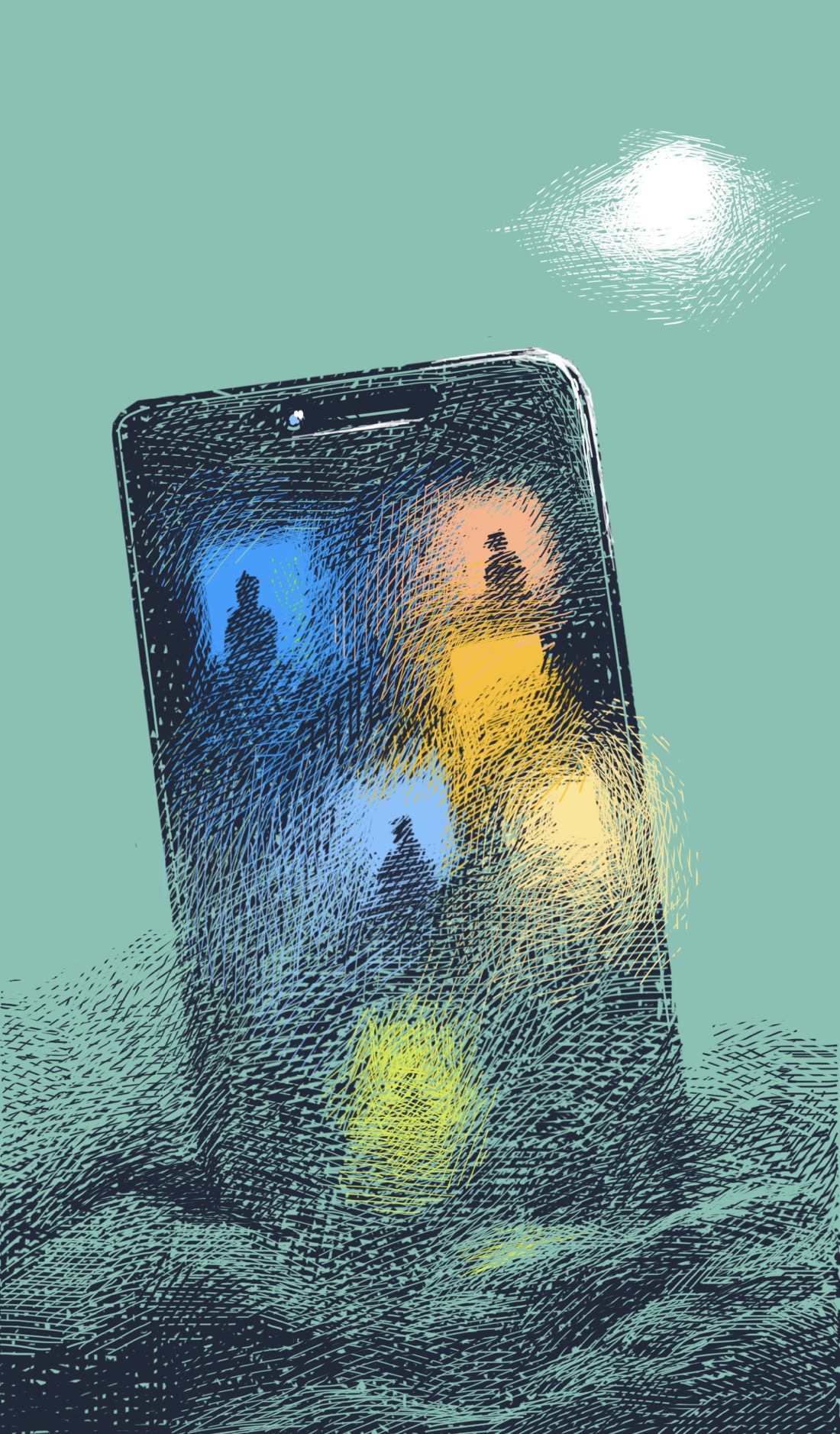A smartphone rises up from a layer of dense fog. The base of the phone and the ground can't be seen; just an amorphous carpet of clouds. The screen of the phone is very blurry, as though obscured by a layer of vapor. The screen shows glowing colored squares, arranged haphazardly, not in the usual grid of app icons. Silhouettes are visible in the squares, like people looking out of windows. Above the phone, a blurry moon is in the sky. The moonlight reflects off the top of the phone.