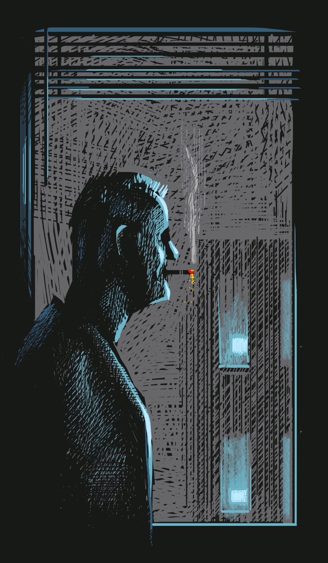 A scene in a dark room. A tall, thin person stands by a grimy window, looking out at the tenement building next door. It's night, one of those dull gray city nights that's never really that dark. The windows in the building next door are illuminated with the blue glow of television screens. The light from outside illuminates the inner frame of the window, and the Venetian blinds at the top of the window. The person by the window is seen in profile. The person is smoking a cigarette and has short, crew-cut hair and a leather jacket.