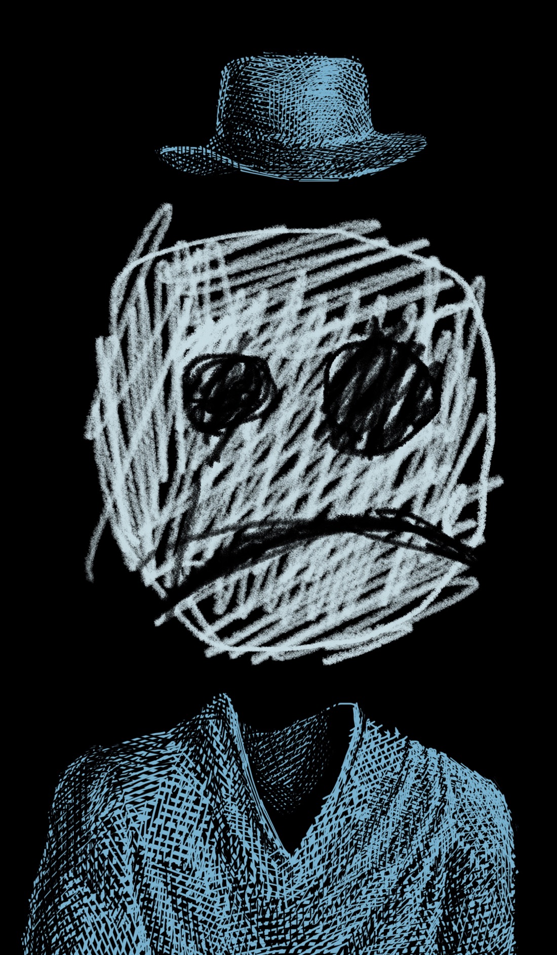 A crude white face on a black background. The face has two cavernous eyes, a frowning mouth, and no nose. It is roughly scribbled in crayon, as though drawn by a toddler. Above the face is a more carefully drawn wide-brimmed hat, floating in space. Below the face is a shirt, also more realistically drawn. The shirt is upright, as though someone is standing in it, but empty, as though the person is invisible. The overall effect is that of an invisible figure wearing a hat, a shirt, and a disproportionately large, misshapen face drawn by an upset child.