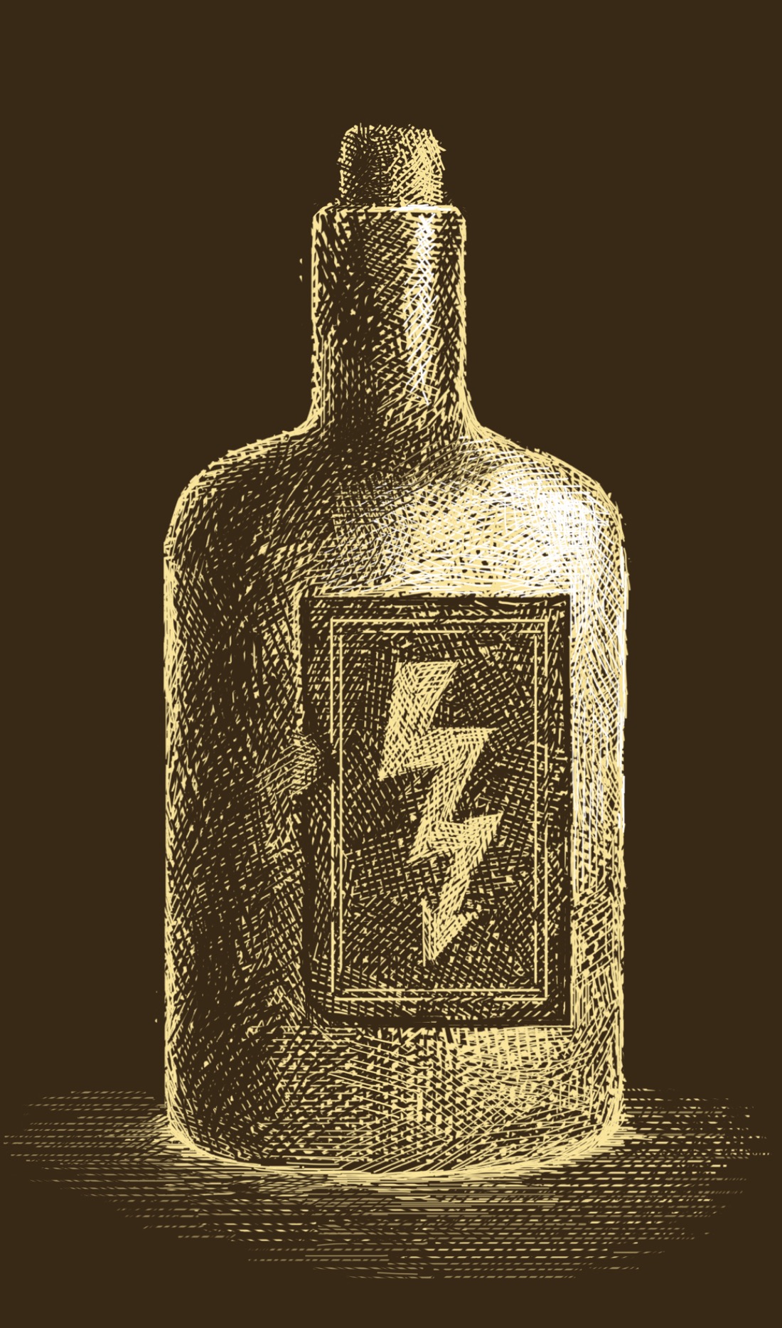 A glass bottle: not perfectly cylindrical, but with flattish front and rear faces and rounded sides. There is a cork in the neck of the bottle. The front face of the bottle has a label on it, slightly frayed and worn. The label has nothing on it except for a high voltage symbol—a lightning-bolt-shaped arrow—contained in a double border.