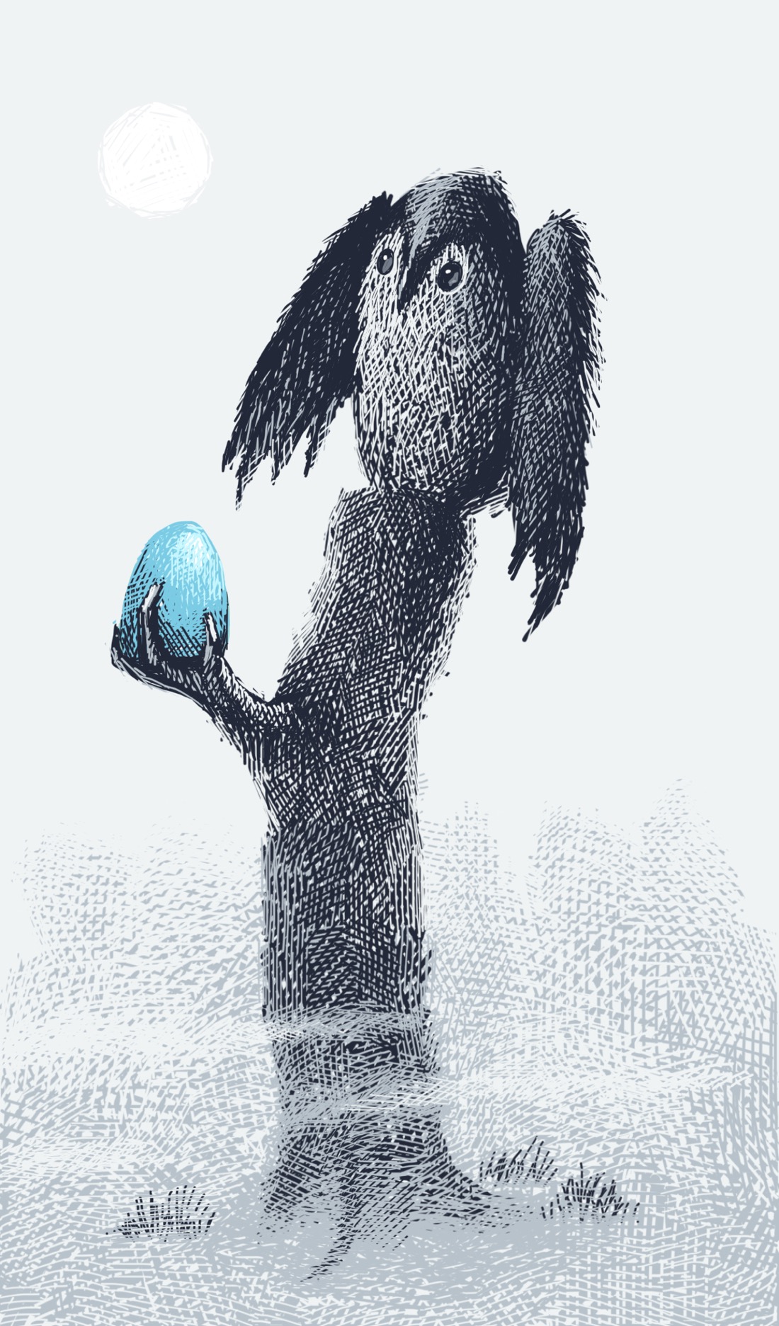 The stump of a tree rises from fog. This is a relatively tall stump, maybe a quarter or third the height of the original tree. On top of the stump sits a large, roundish bird with an owl-like face, hunched into its wings. Sticking out from one side of the stump is a small clawlike hand, holding a large blue egg. Above is a hazy sun.