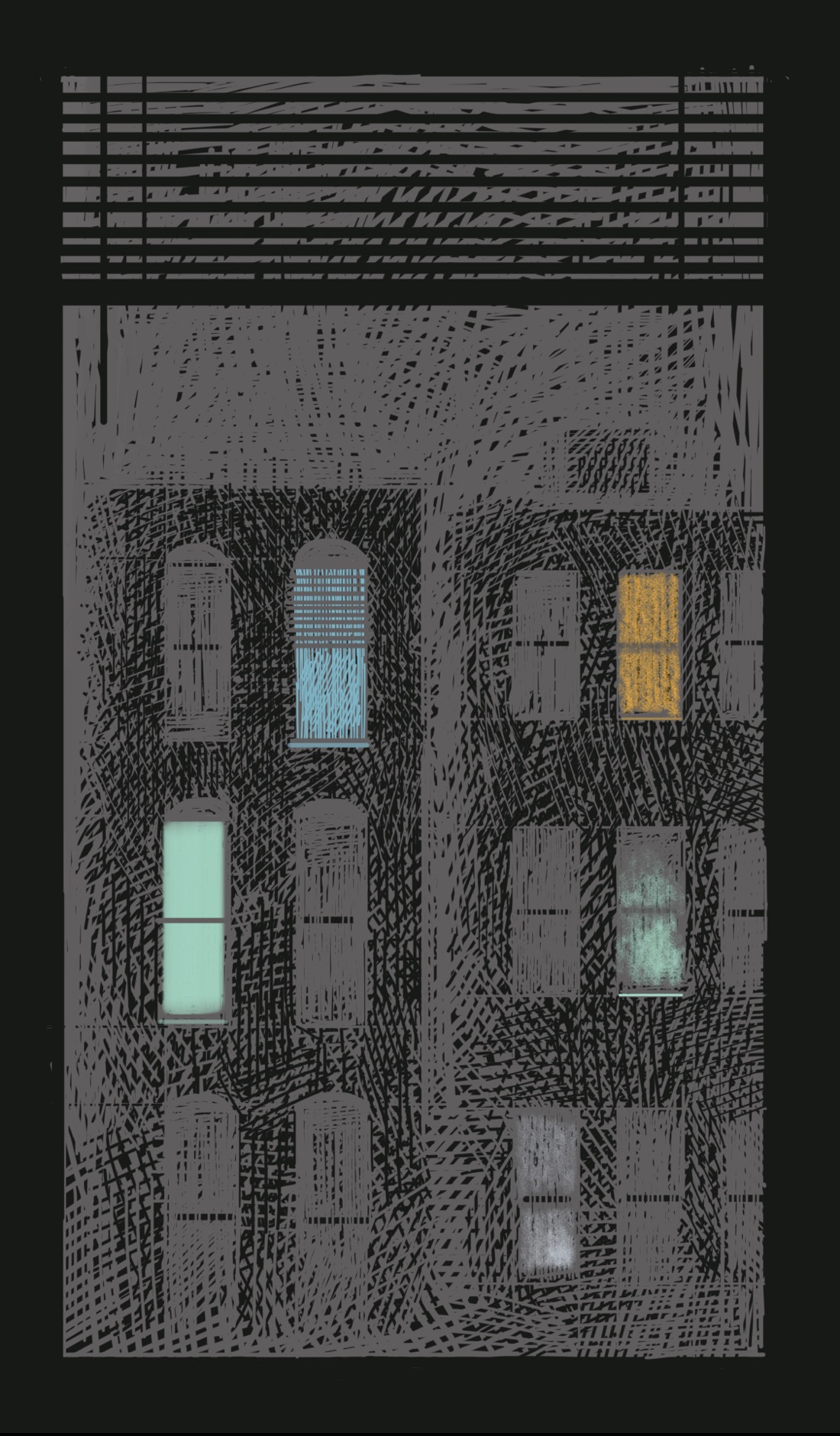 A scene through a tall, grimy window with venetian blinds at the top. The window looks out onto two tenement buildings, either next door or across the street. It's night, but not a dark night so much as a dull, cloudy, light-polluted night. The buildings are mostly dark, with no street lights or external illumination visible. There is no moon or stars. A few of the windows in the buildings are dimly lit, suggesting television screens or reading lamps inside. No figures can be seen behind the windows.