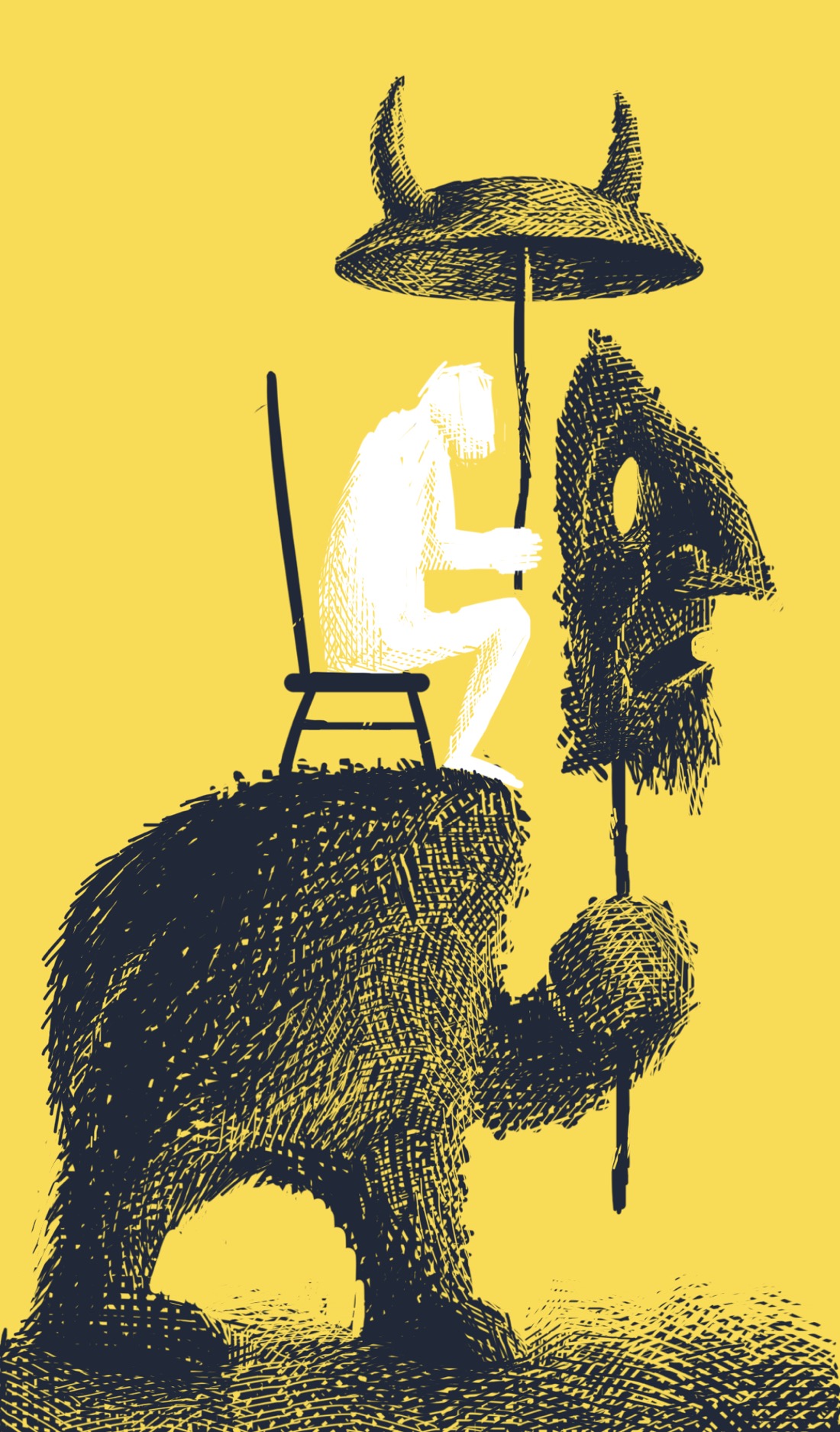 A large, furry, headless figure holds up a large mask on a stick. The mask is a big-nosed, bearded face with its mouth slightly open. Sitting on top of the figure, where its head would normally be, is a person sitting in a chair. The mask is positioned directly in front of the seated person, obscuring it totally from view if you were approaching the headless figure, er, head-on. The seated person is holding an umbrella with two horns on top. The overall effect is of a large, horned, furry monster, with most of its head replaced by a person sitting in a chair.