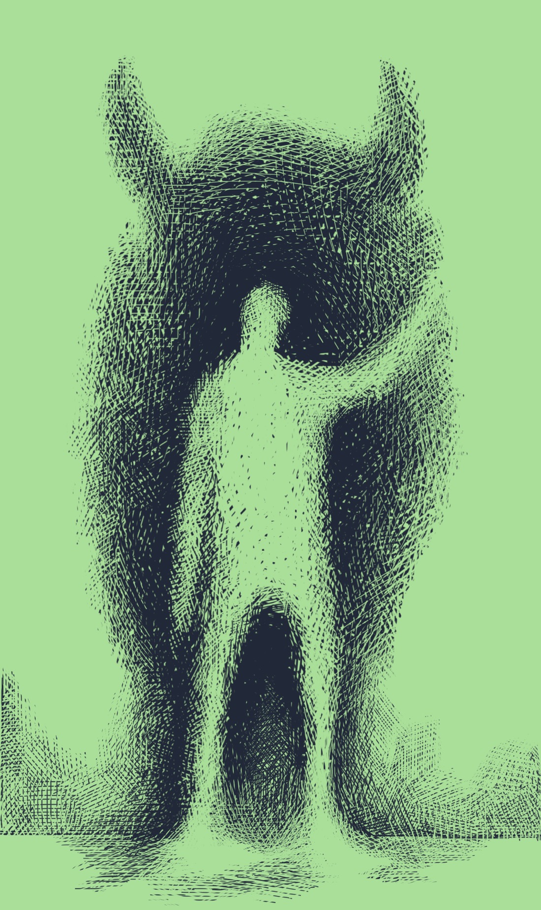A figure stands up close to a blank wall, apparently facing it. The figure's feet are fused into the floor, almost like tree trunks rooted to the ground. The figure's right arm is upraised. The figure seems to be casting a shadow on the wall, but the shadow doesn't match the figure: it is huge, almost swallowing the figure, shapeless except for horns.
