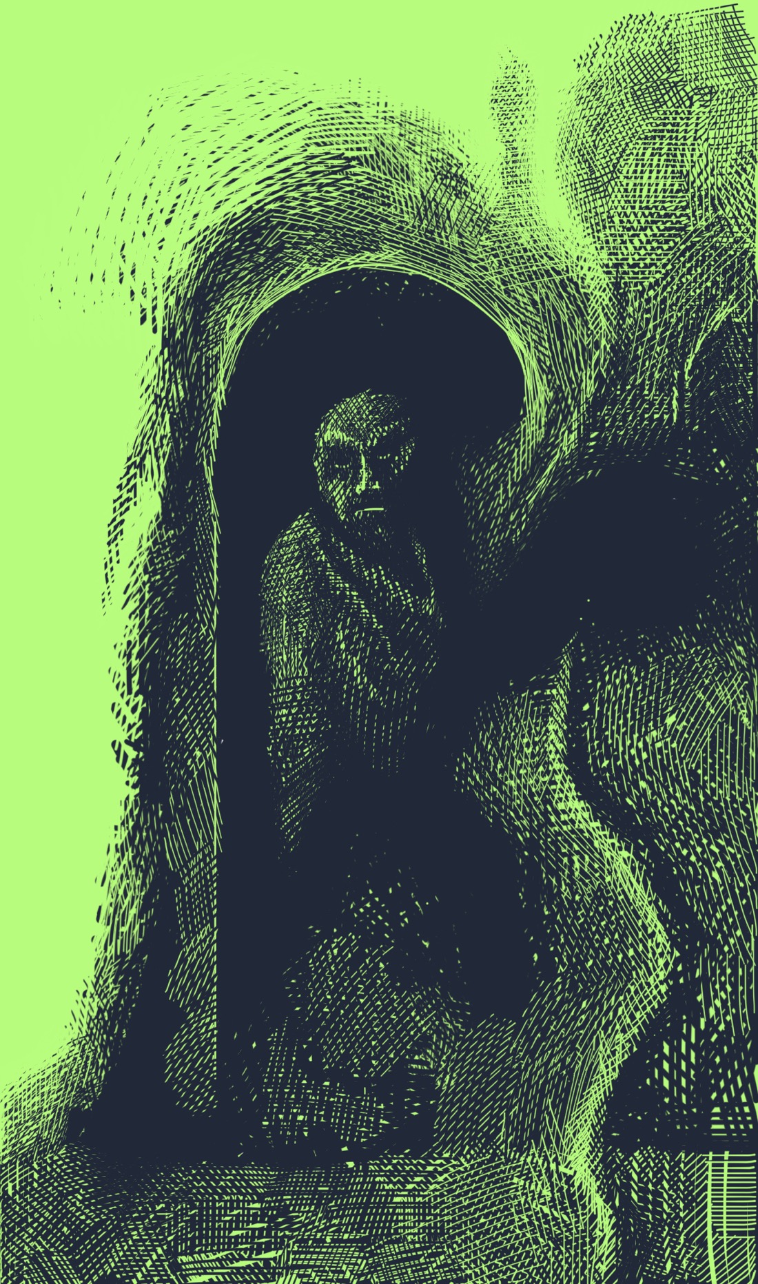 A chaotic surface that suggests a partially melted wall with an arched doorway in it. Standing in the doorway, staring out, is someone whose face is darkened by shadows. The person looks like they are wearing a robe, and has a shaved head and two intense, staring eyes.
