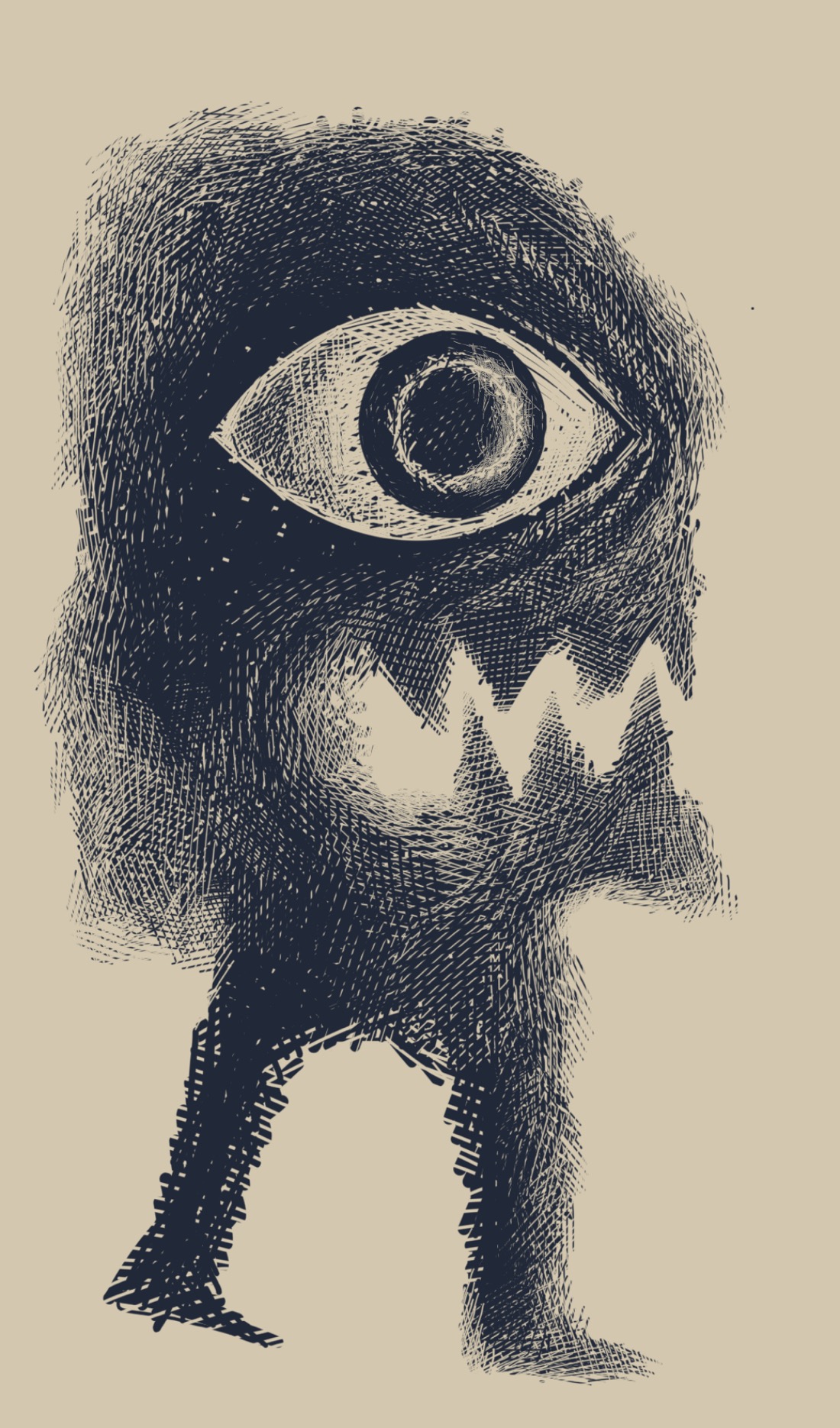 A two-legged creature with a giant eye, jagged teeth, and no visible arms. Two-thirds of the creature is taken up by its head. Parts of the creature are blurry, as if out of focus or obscured by fog.