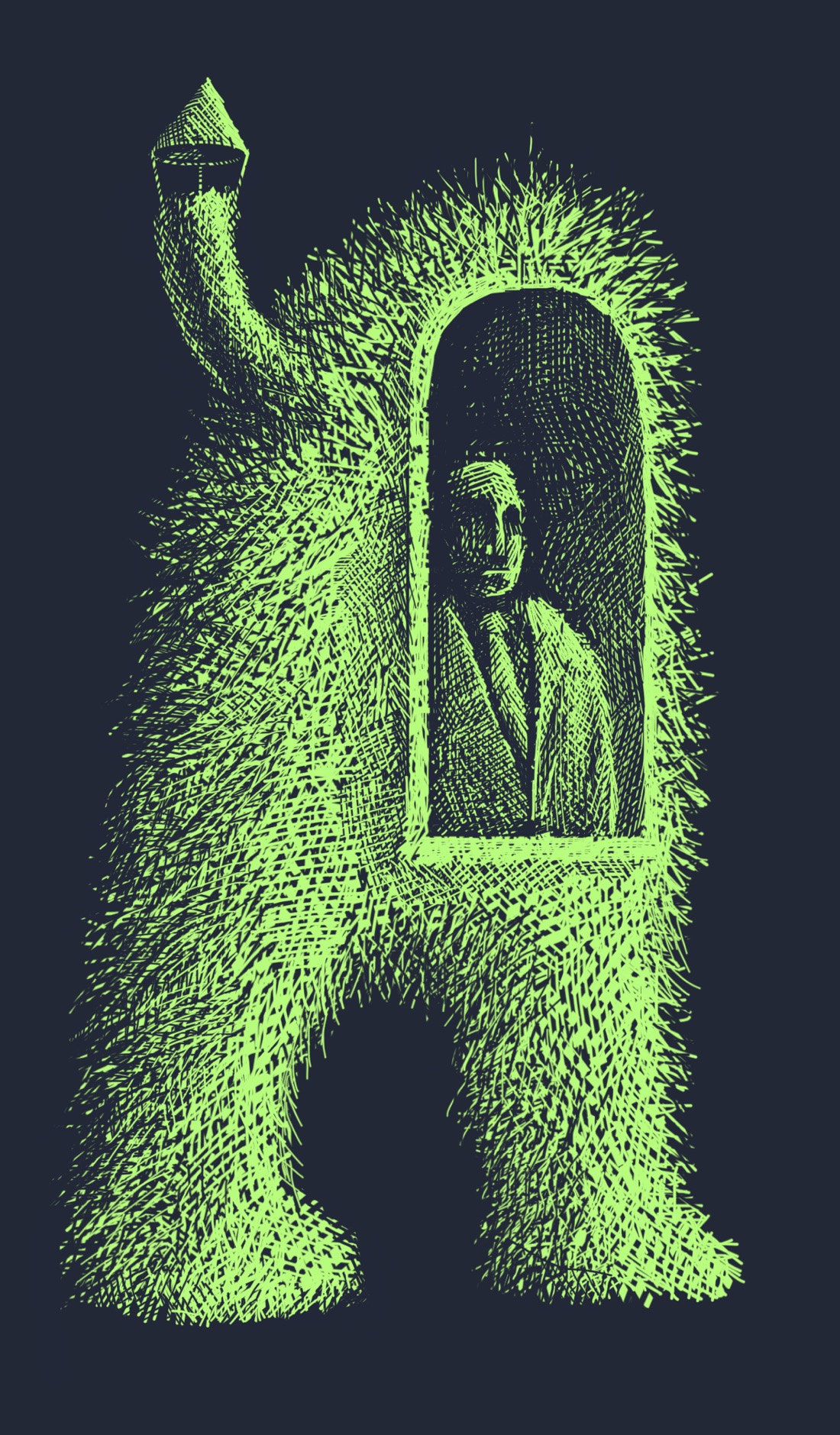 A large, furry, two-legged creature. The creature has no arms. Where the creature's face would be is an open window with a person staring out of it. The person is wearing a suit with a tie. Protruding from the rear of the creature's head, sort of like a horn, is a chimney: one of those pipe chimneys with a little roof over it.