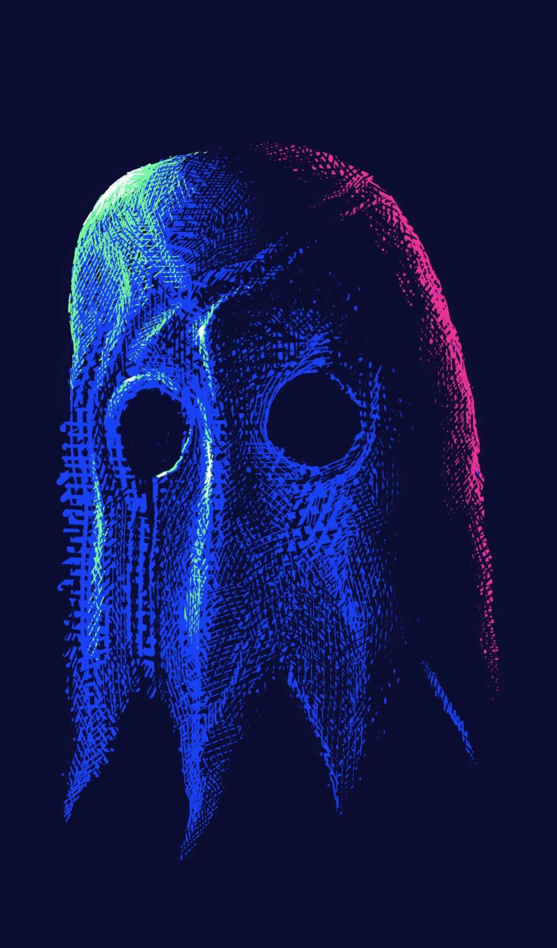 A black background. In the foreground is a blue, octopus-like creature with four short, triangular tentacles. The creature has empty eyes, and extending from the middle of the right eye downwards is a straight-edged seam that suggests this may be a mask or a costume. No one appears to be inside it. The creature is illuminated on two sides by a neon green light and a bright crimson light.