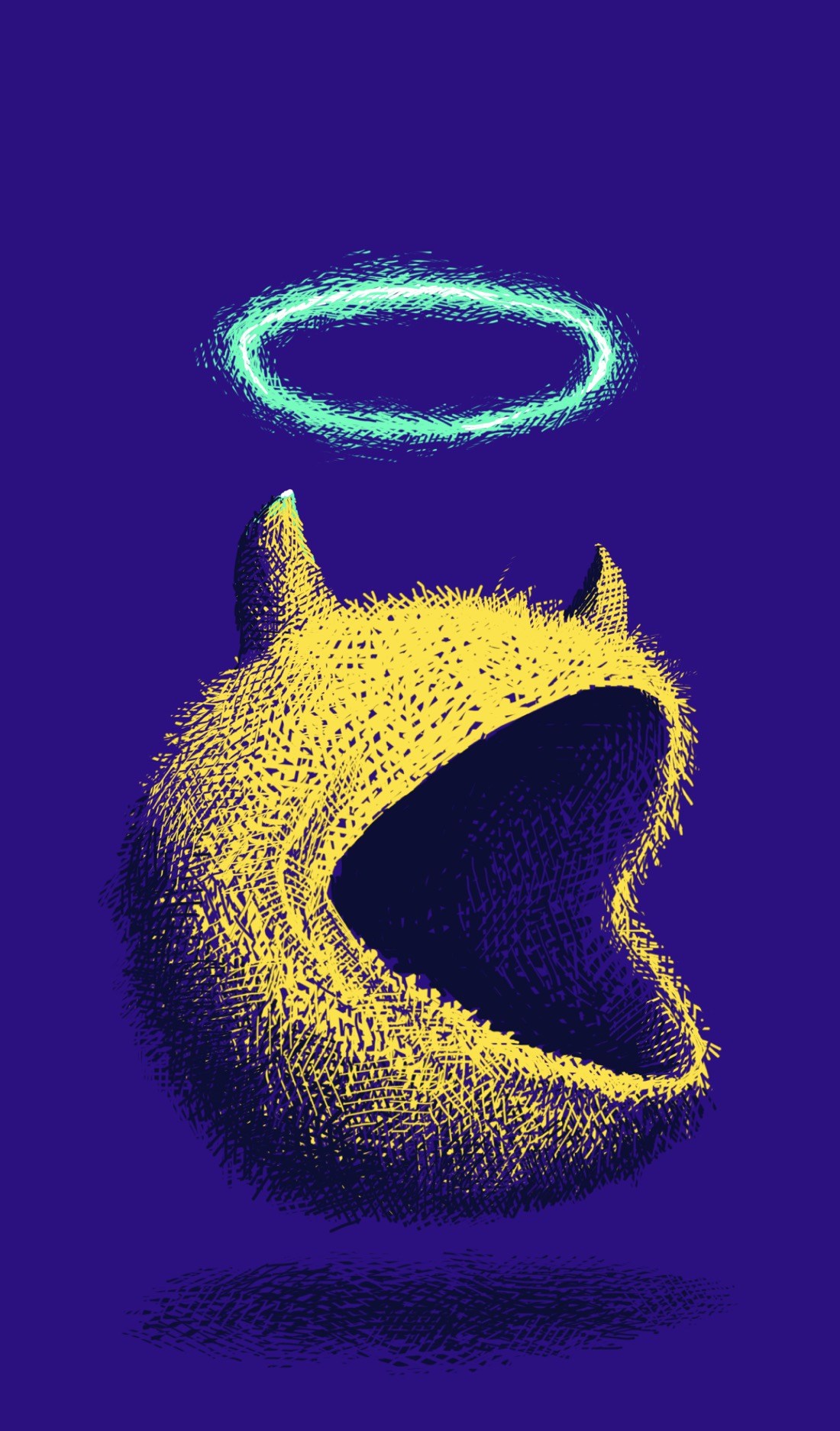 A large, furry, yellow sphere hovering above the ground, set against a dark indigo background. The sphere has no eyes or facial features, only a huge, yawning mouth. Anybody who's played Pac-Man might note a certain similarity. Here, however, is where the similarity ends; the figure also has horns and a phosphor-green halo hovering above it. Pac-Man, it seems, plays both sides.