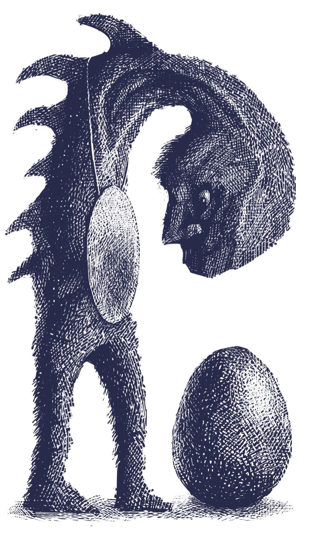 A tall, two-legged figure with no arms and fin-shaped spikes running down its back. The figure has a long neck, and the neck is curved around so its head is looking directly at its chest. However, the neck is coming out of the top of the creature's head, not below its jaw, as would be the case for a person. The creature has a large, circular mirror hung around its neck like a medallion, and it is inspecting its reflection. Placed in front of it is a very large black egg. The whole scene is rendered in fine-lined black-and-white.