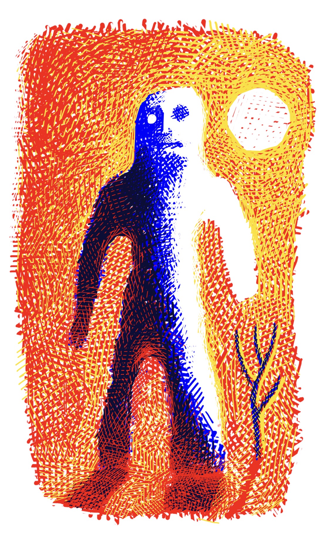 A rough, humanoid shape—its silhouette would resemble a person in a cave painting—stands in what appears to be the middle of a desert. The sun blazes behind it. Everything is red with heat; a glow around its legs suggests the ground is radiating energy. The figure is facing the viewer, arms stiffly straight on both sides, an inscrutable expression on its face, zombie-like. To the figure's left—your right, that is—stands a barren, leafless tree. Both the figure and the tree cast long, red shadows.